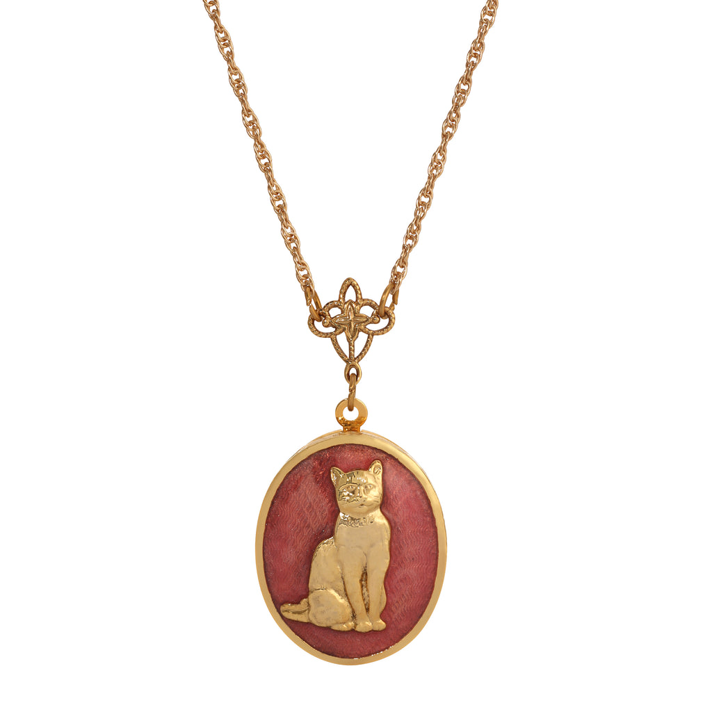 1928 Jewelry Sitting Cat Oval Enamel Locket Necklace 24"