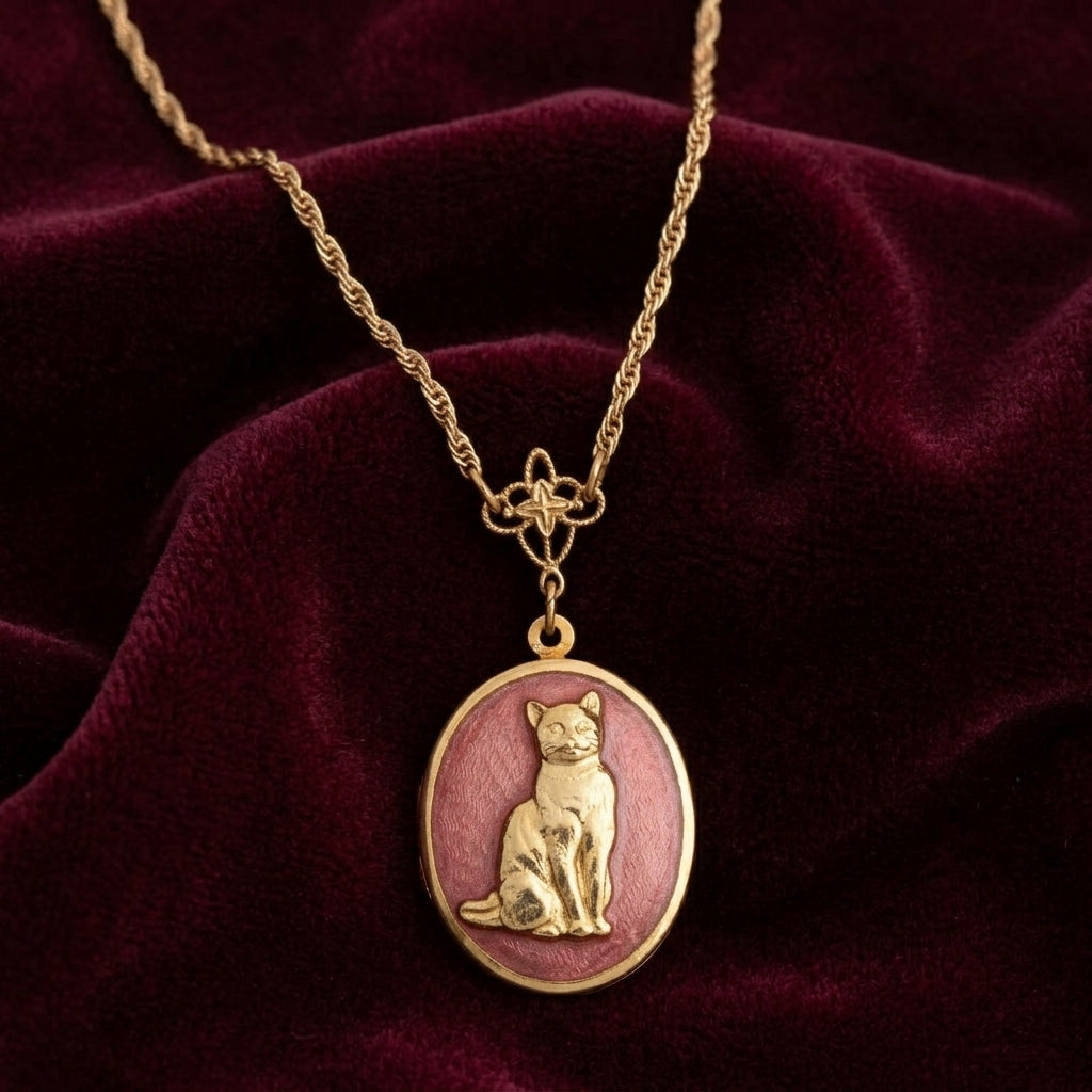 Gold necklace with a closed cat locket pendant on a maroon velvet background