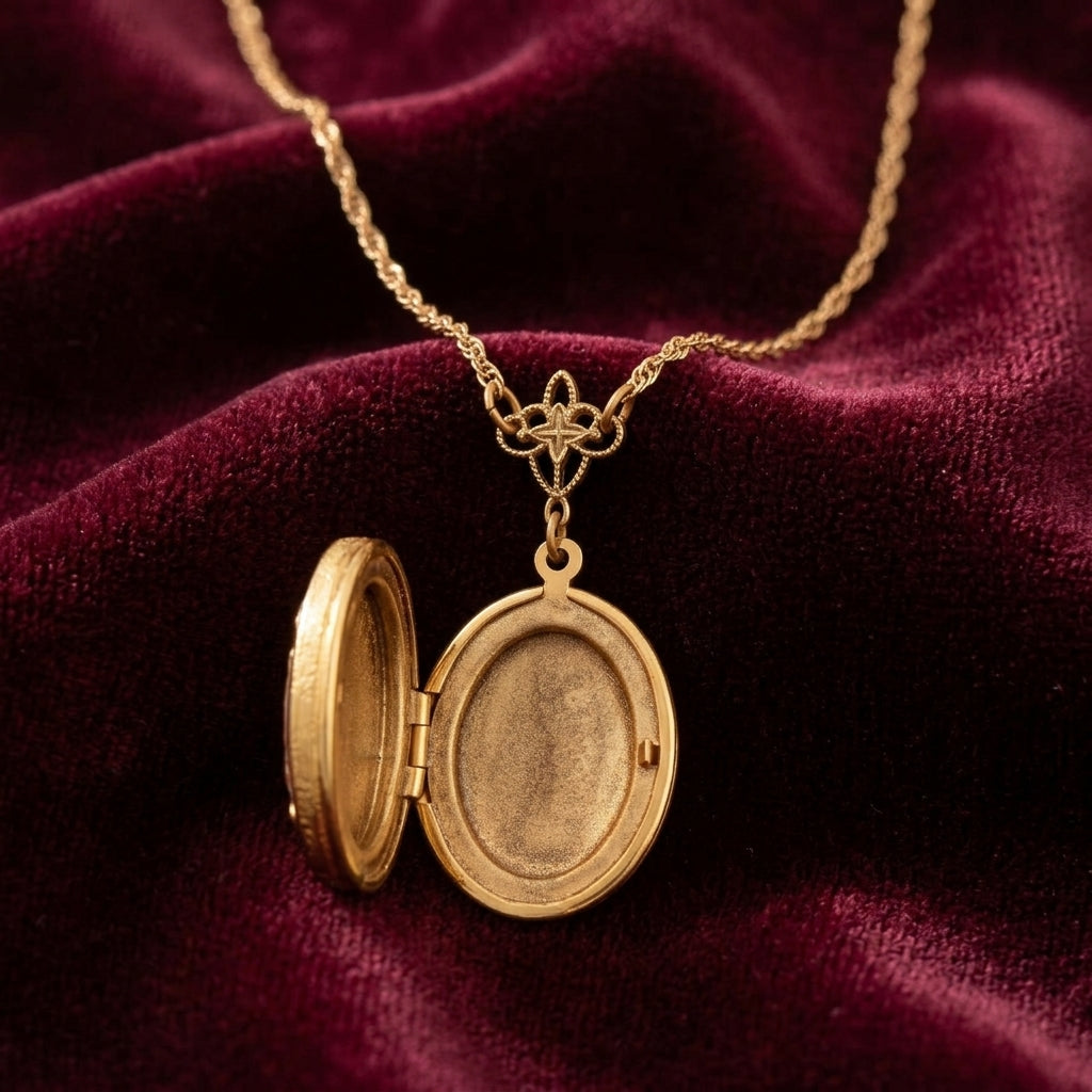 Gold necklace with an opened cat locket pendant on a maroon velvet background