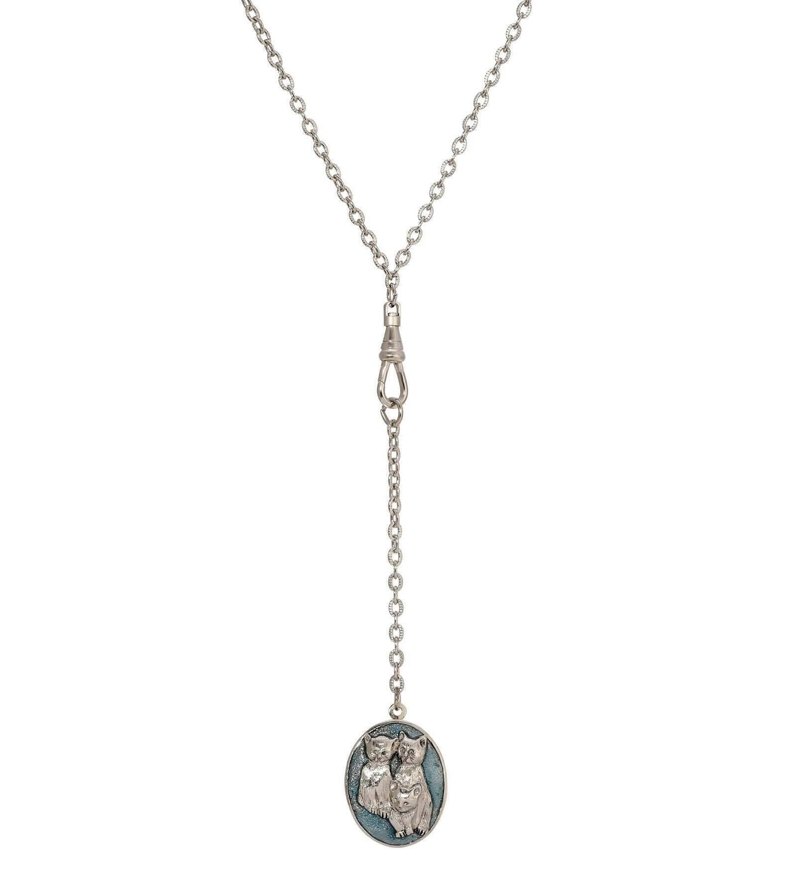 1928 Jewelry Three Little Kittens Sapphire Blue Enamel Pendant Locket Y-Necklace 26"