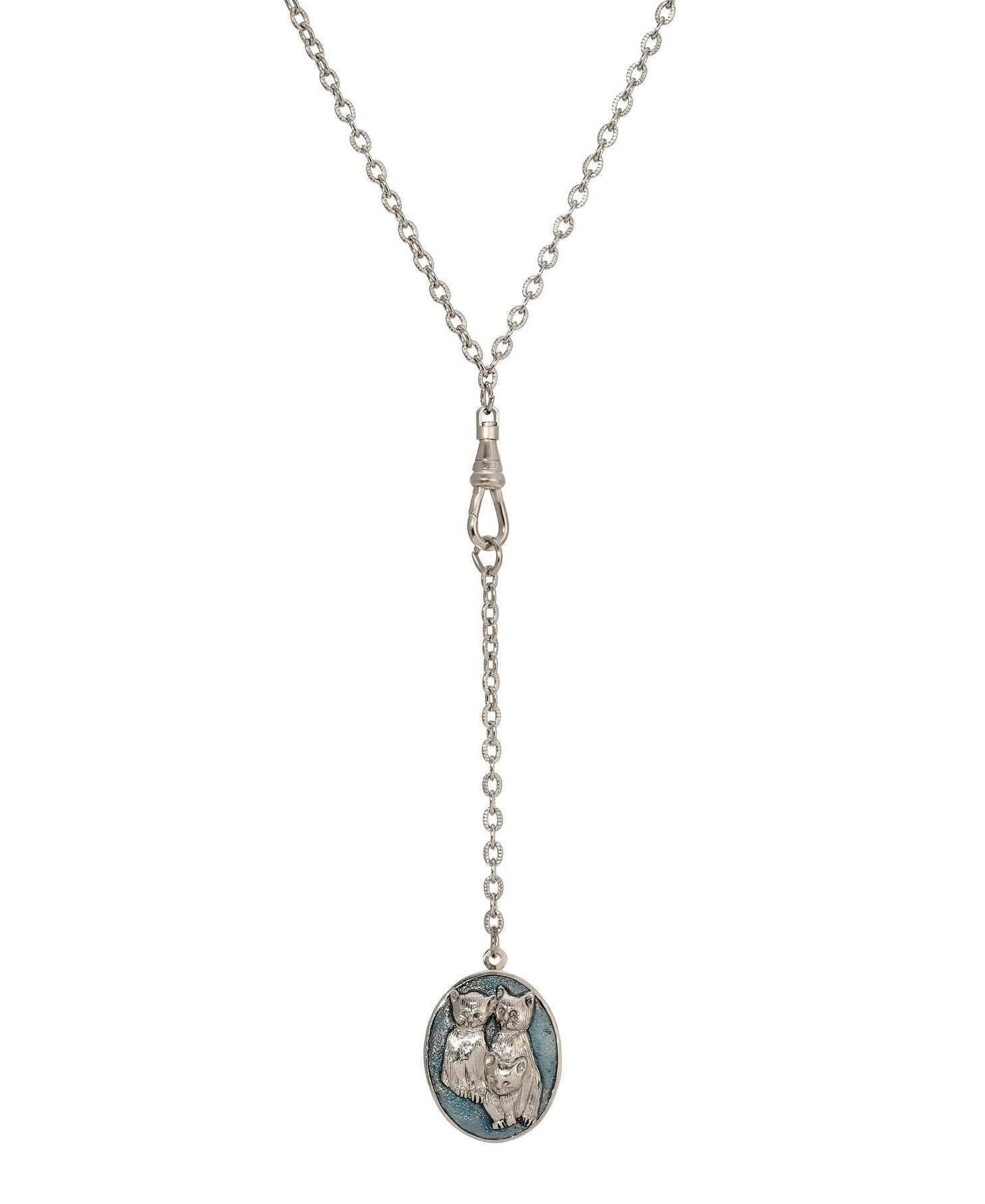 1928 Jewelry Three Little Kittens Sapphire Blue Enamel Pendant Locket Y-Necklace 26"