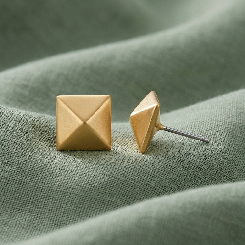 Gold Pyramid Post Earrings displayed on a textured sage green fabric background.