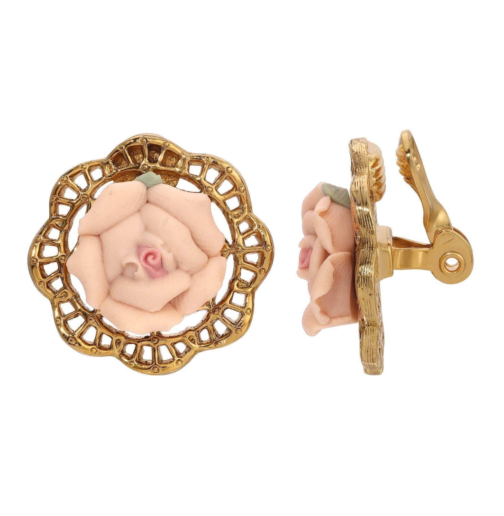 1928 Jewelry Spring Porcelain Rose Clip On Earrings