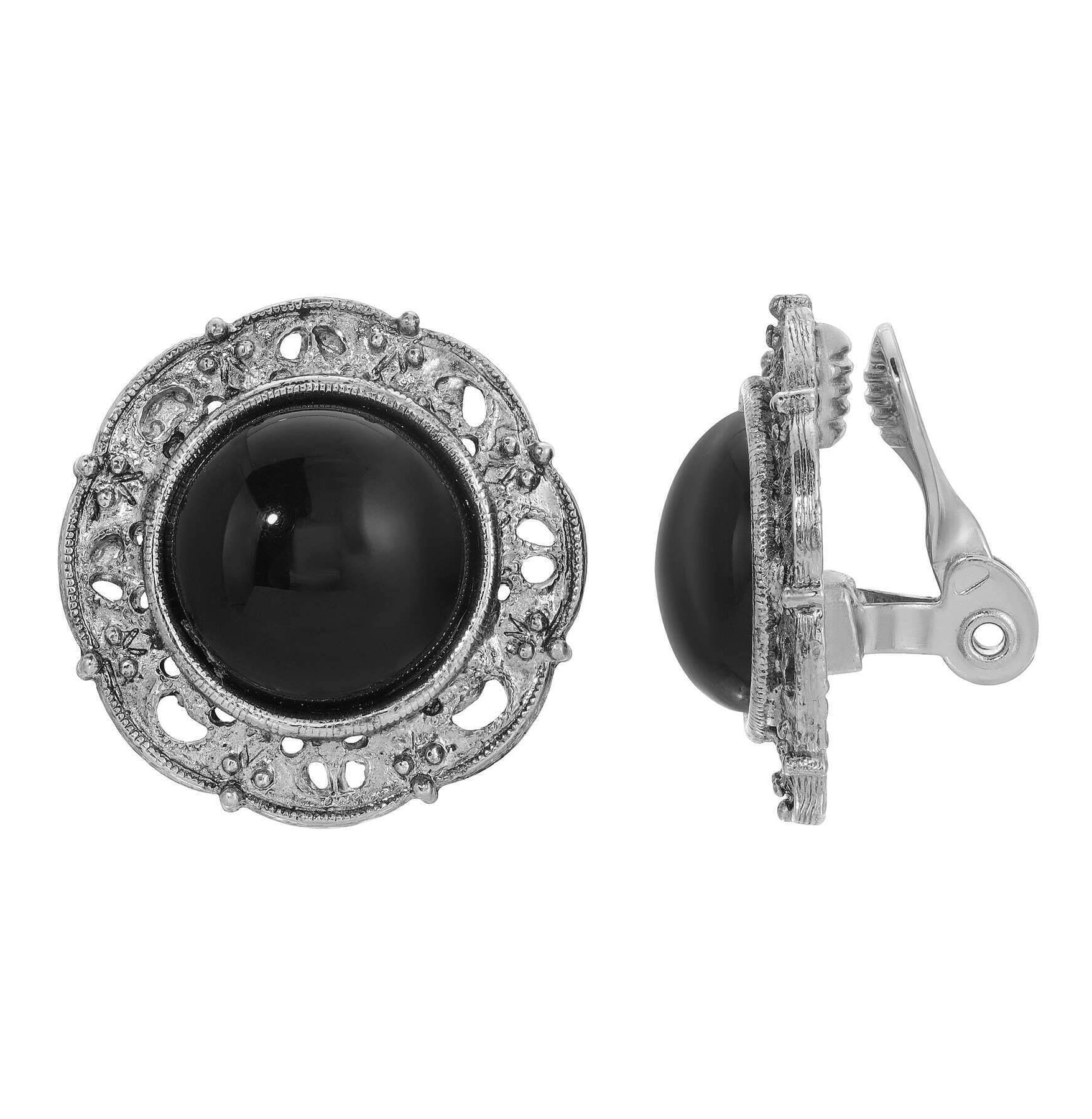 1928 Jewelry Round Jet Black Stone Clip Earrings
