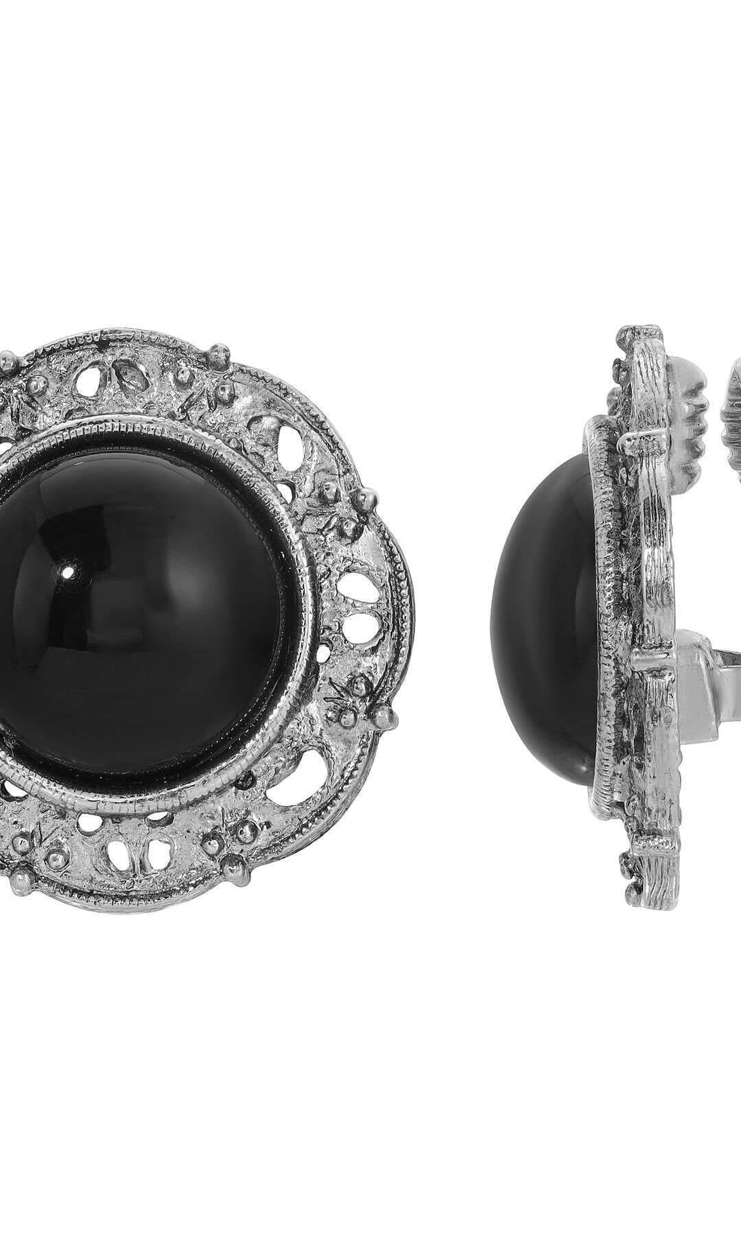 1928 Jewelry Round Jet Black Stone Clip Earrings