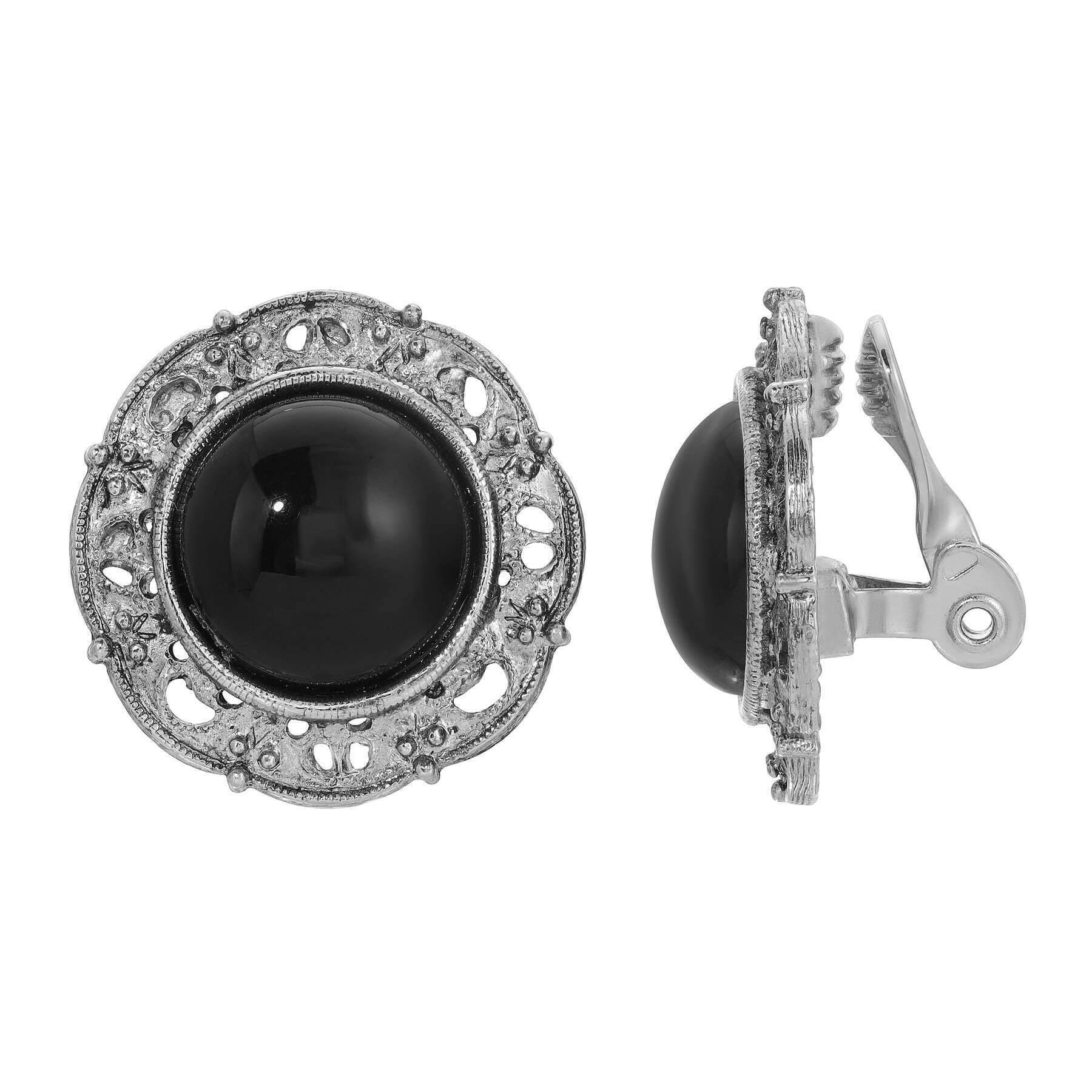 1928 Jewelry Round Jet Black Stone Clip Earrings