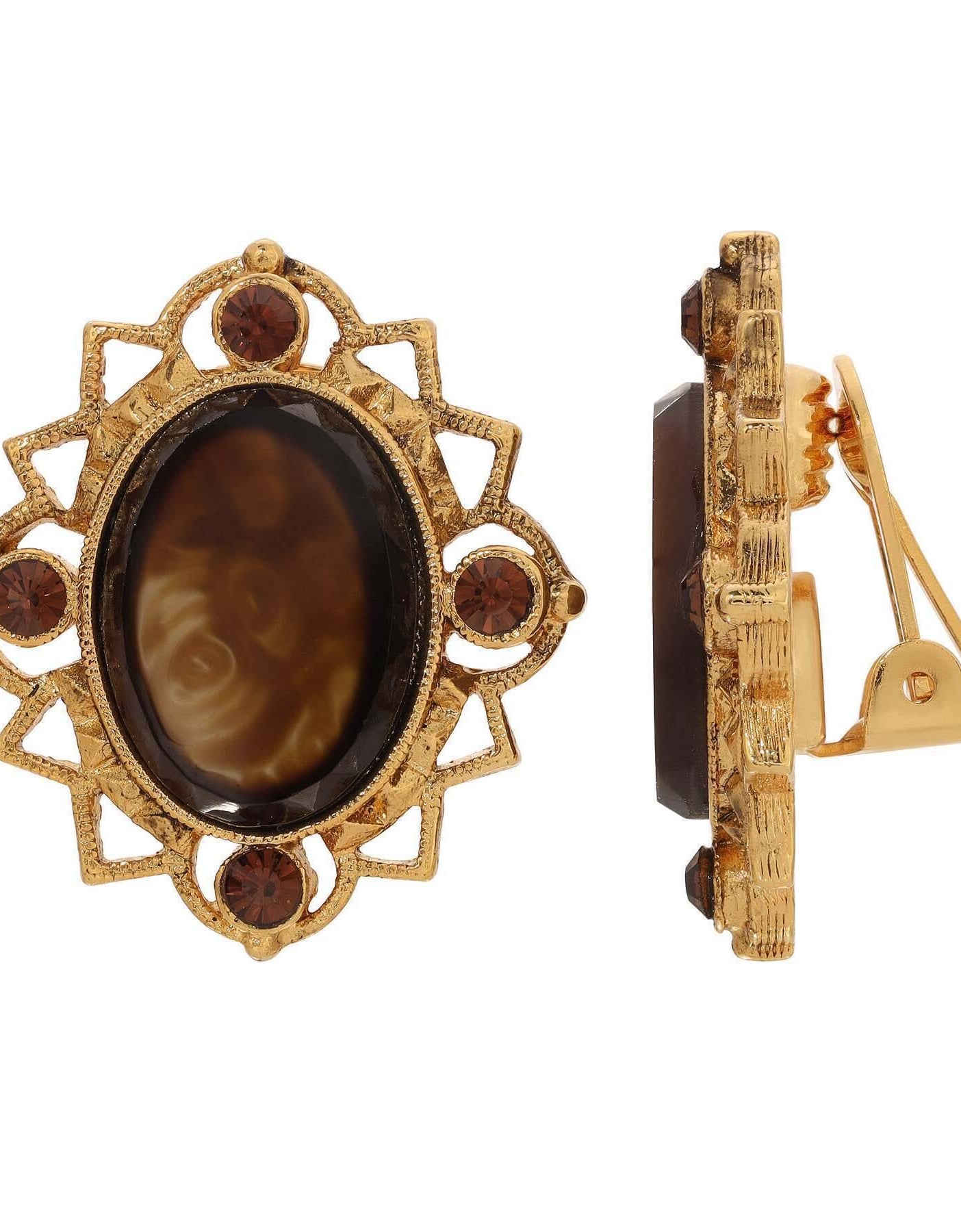 1928 Jewelry Oval Swirl Glass Stone Crystal Clip On Earrings