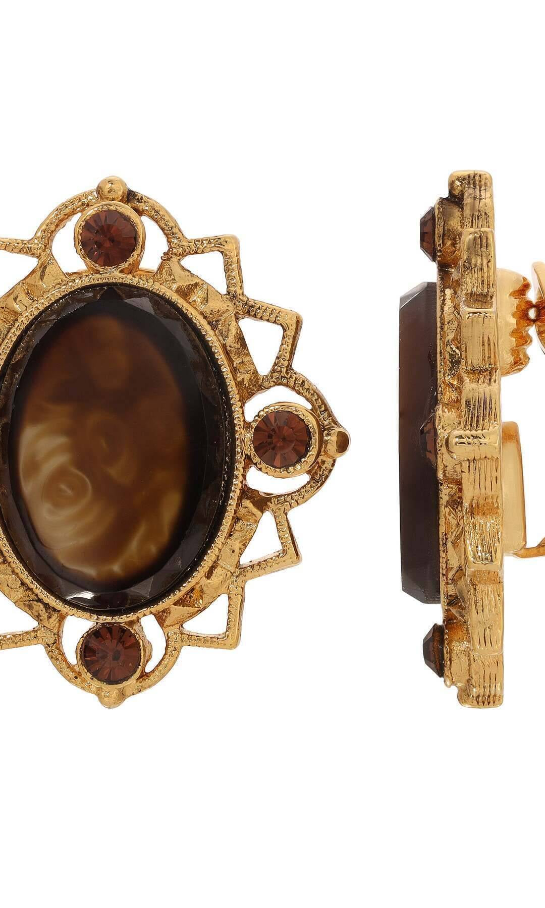 1928 Jewelry Oval Swirl Glass Stone Crystal Clip On Earrings