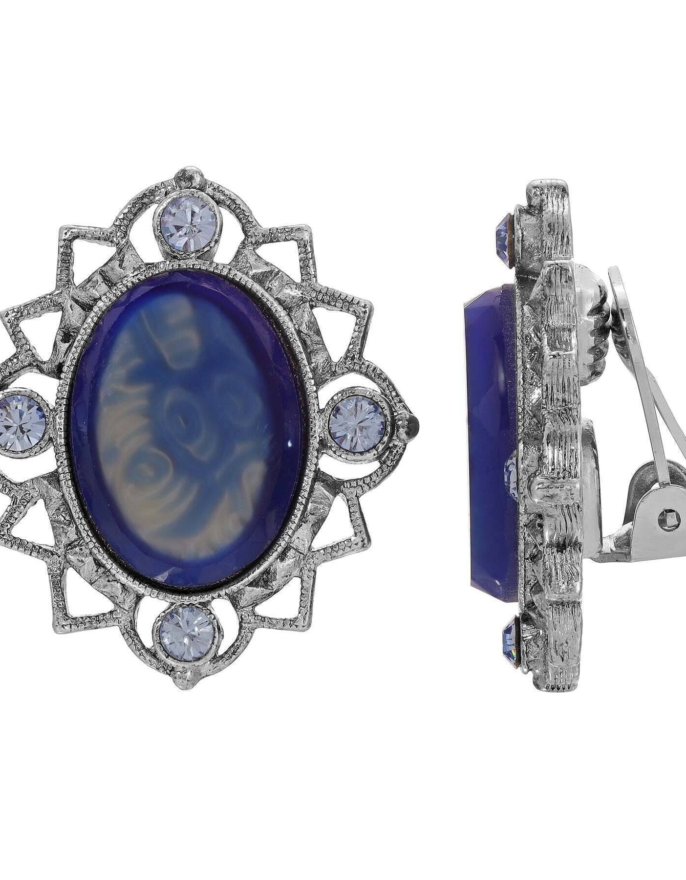 1928 Jewelry Oval Swirl Glass Stone Crystal Clip On Earrings