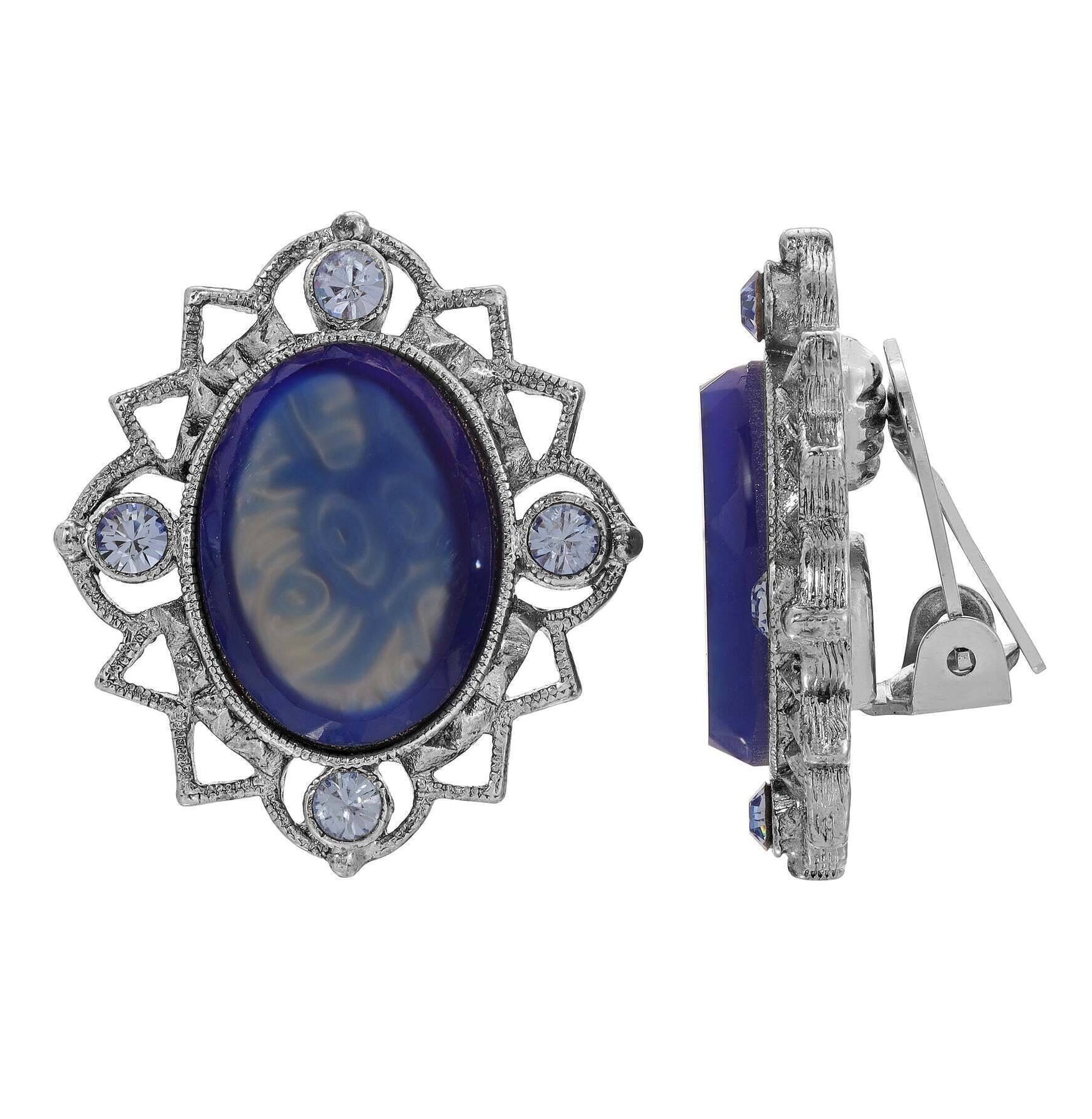 1928 Jewelry Oval Swirl Glass Stone Crystal Clip On Earrings