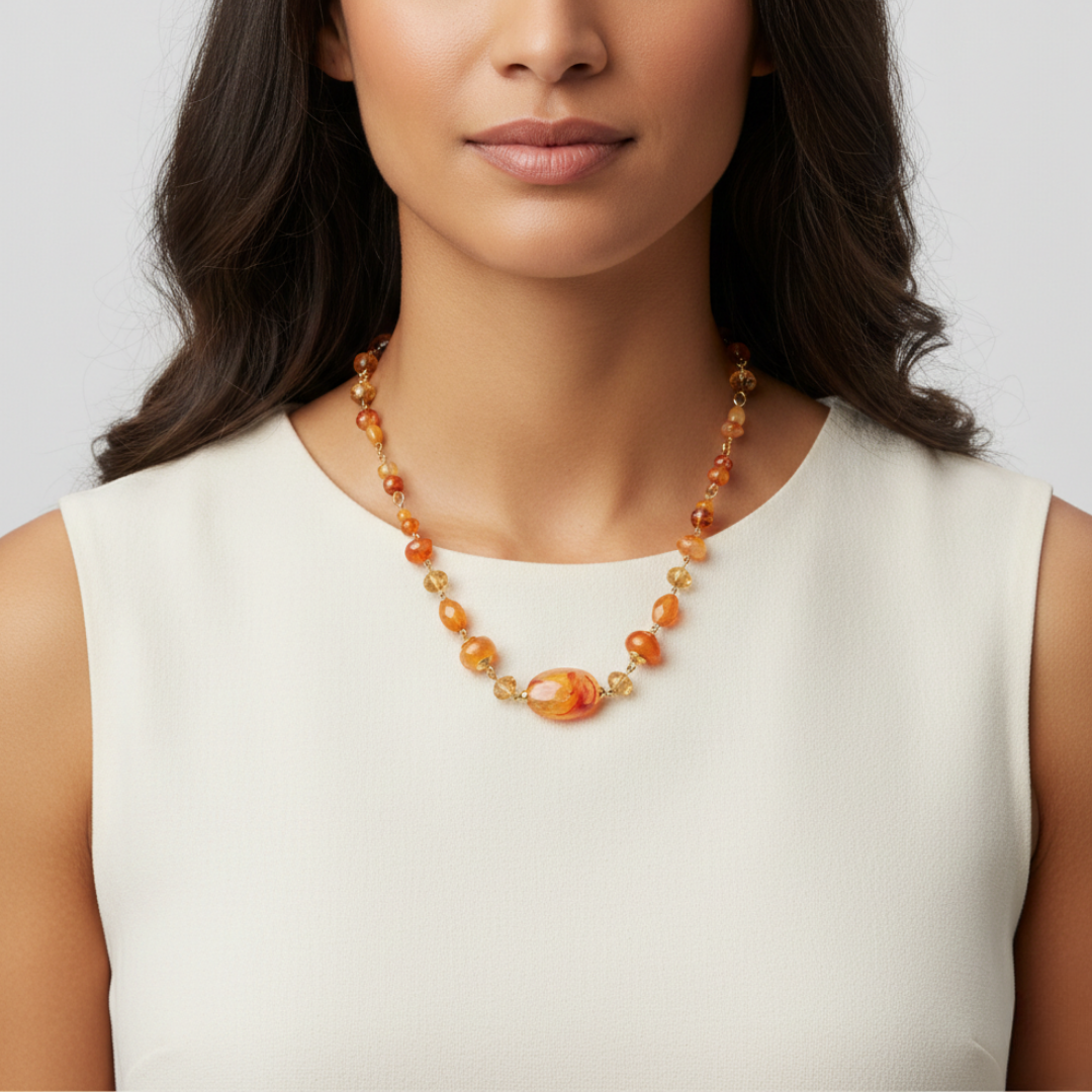 Woman wearing an orange beaded necklace against a plain background