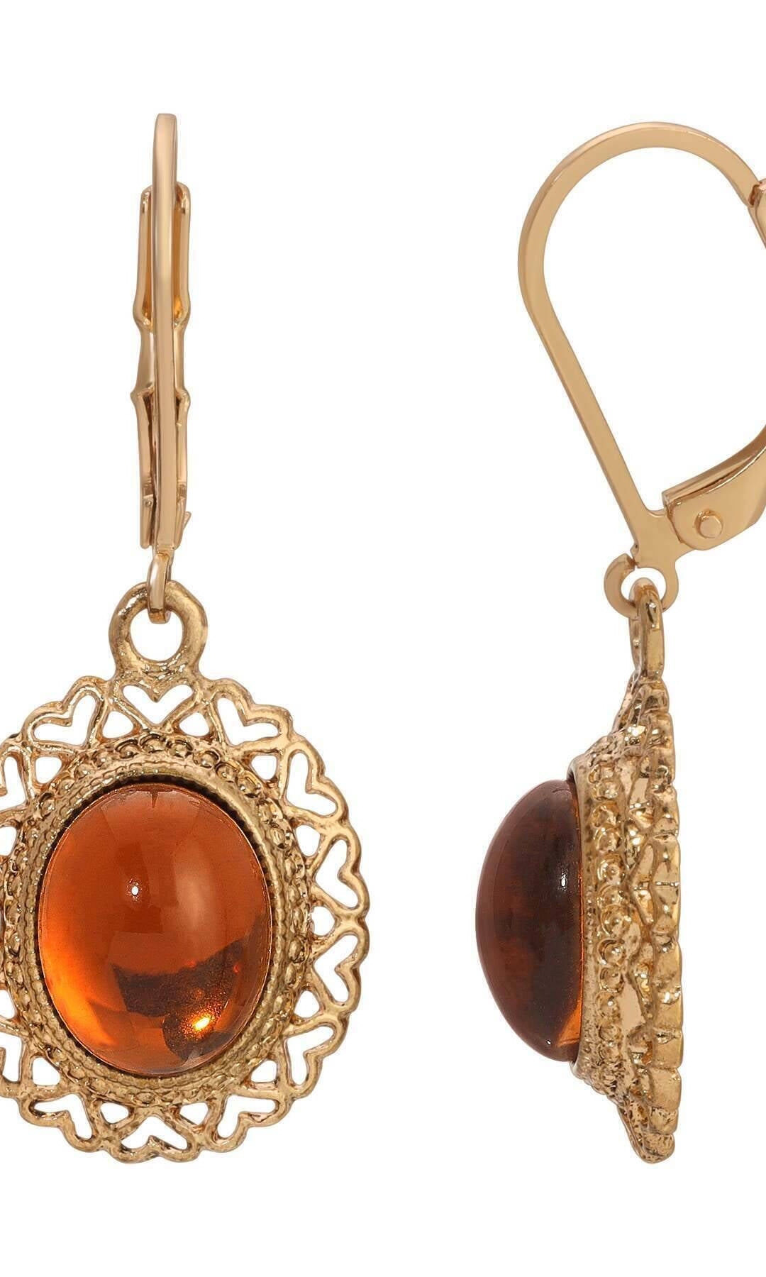 1928 Jewelry Oval Glass Stone Heart Drop Earrings