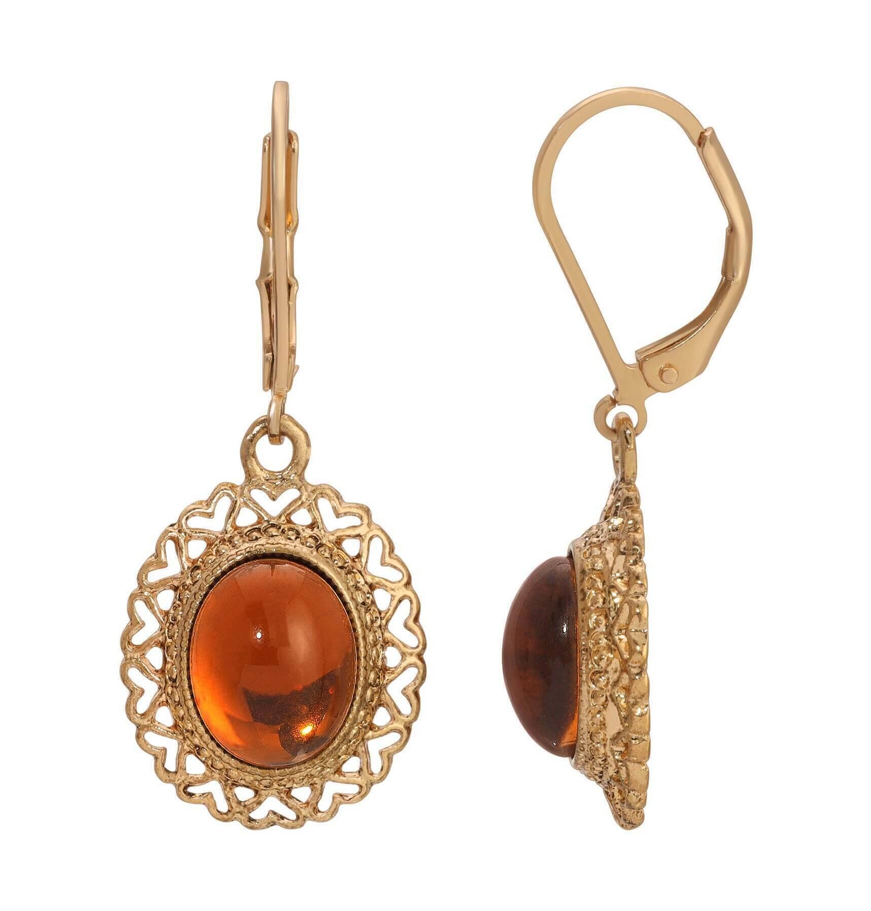 1928 Jewelry Oval Glass Stone Heart Drop Earrings