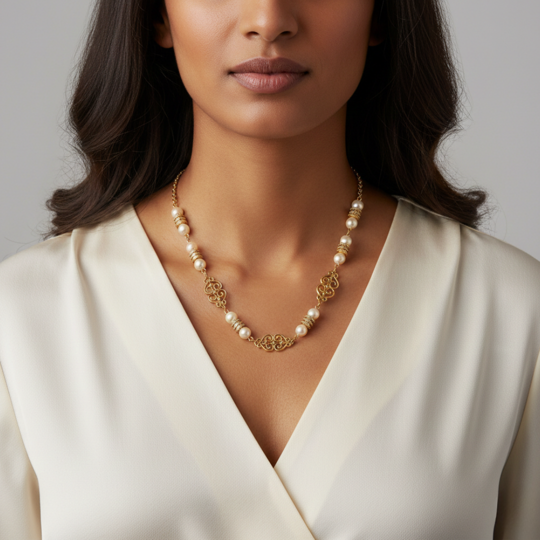 Woman wearing a faux pearl and gold necklace with a plain background