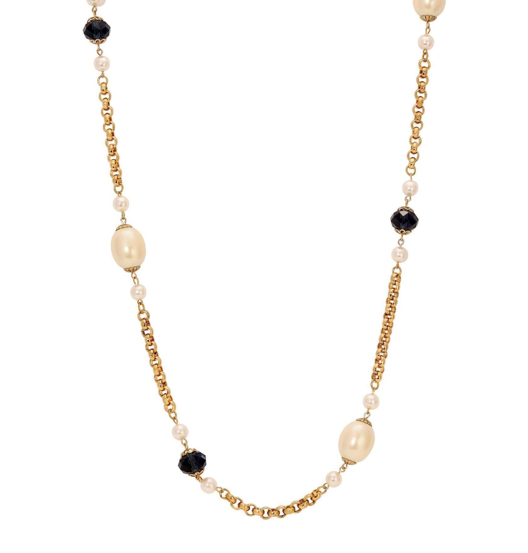 1928 Jewelry Montana Blue Crystal & Faux Pearl Gold Link Necklace 43"