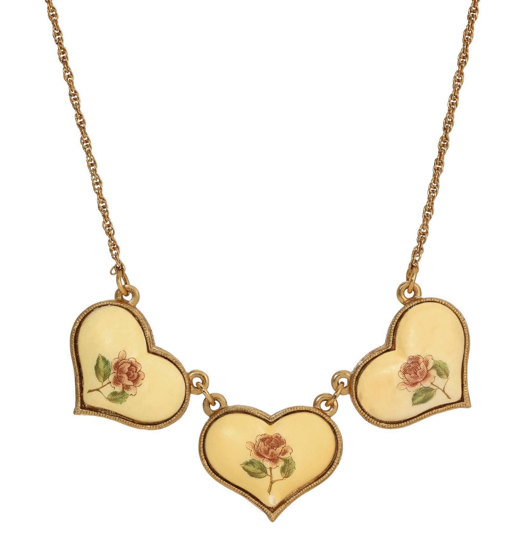 1928 Jewelry Sunshine Hearts & Roses Collar Necklace 15" + 3" Extension