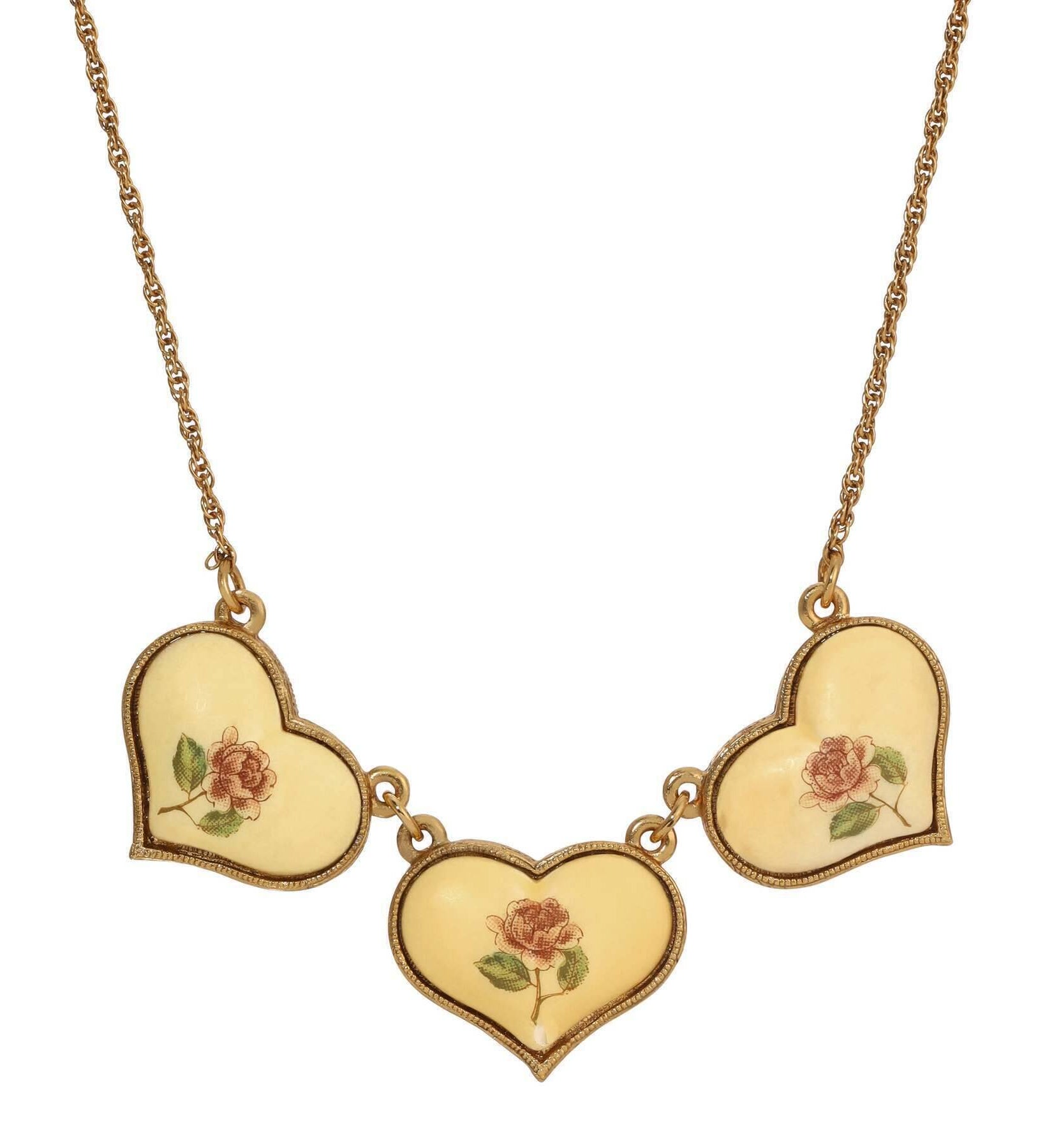 1928 Jewelry Sunshine Hearts & Roses Collar Necklace 15" + 3" Extension