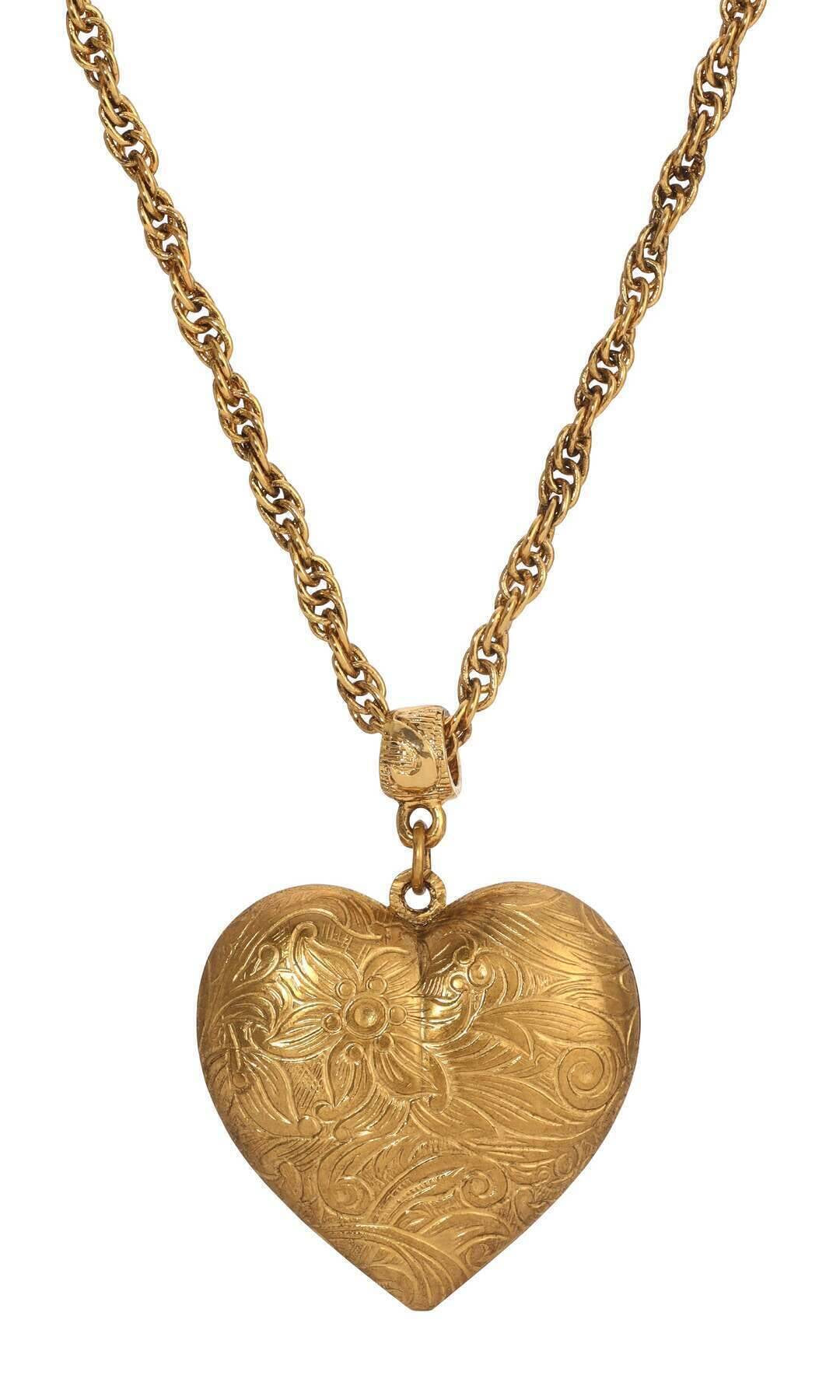 1928 Jewelry Gold Etched Floral Heart Pendant Necklace 16" + 3" Extension
