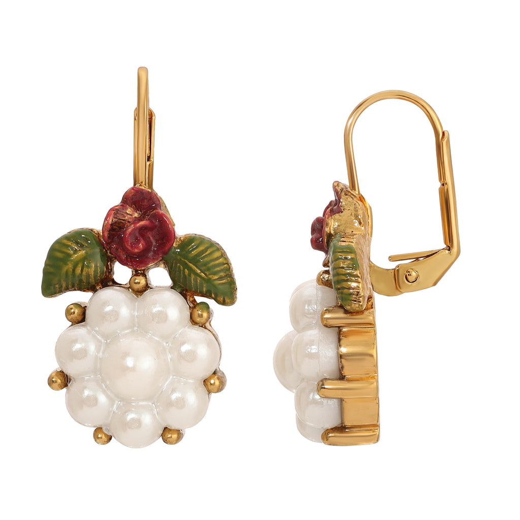 1928 Jewelry Faux Pearl Flower & Rose Drop Earrings