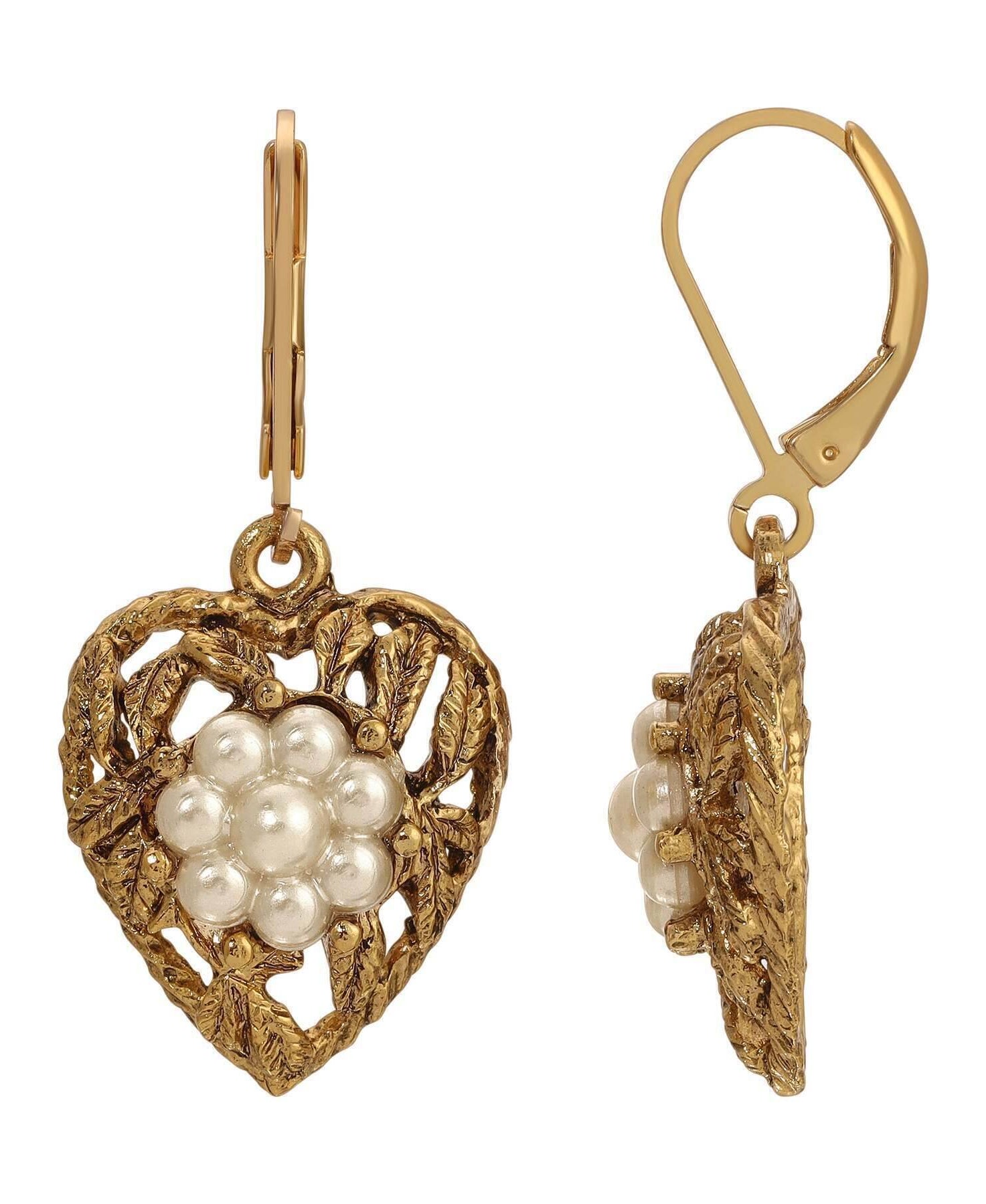 1928 Jewelry Faux Pearl Flower & Leaf Heart Drop Earrings