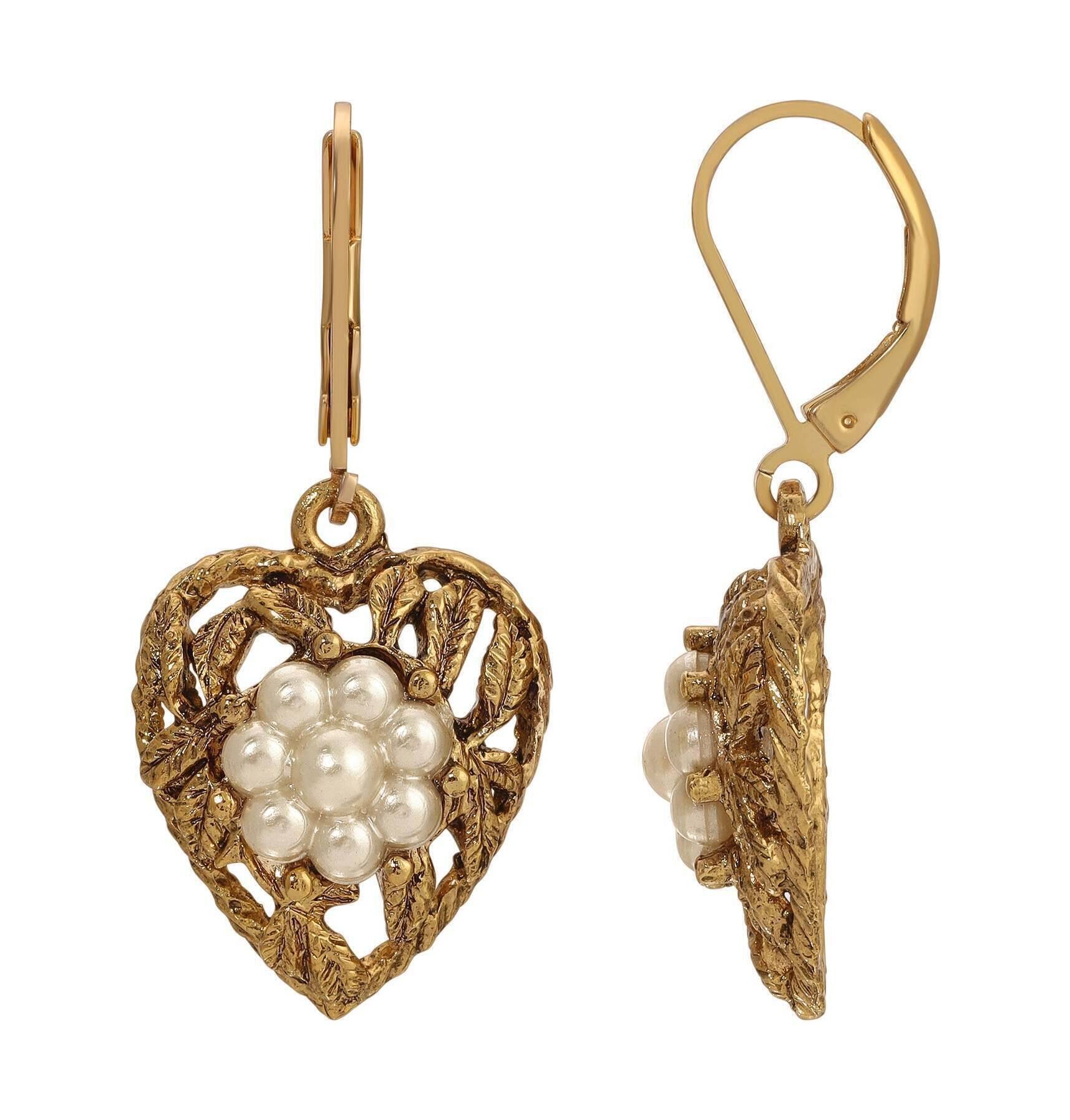 1928 Jewelry Faux Pearl Flower & Leaf Heart Drop Earrings