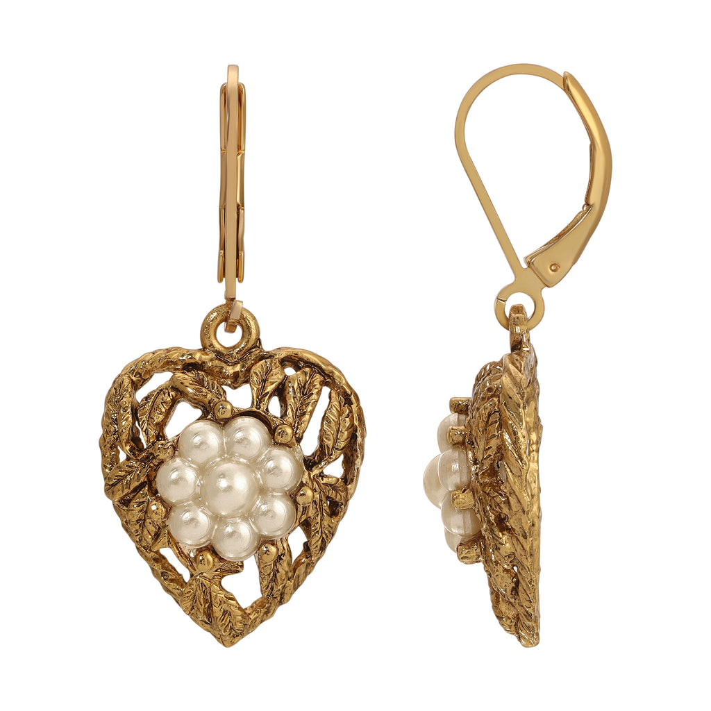 1928 Jewelry Faux Pearl Flower & Leaf Heart Drop Earrings