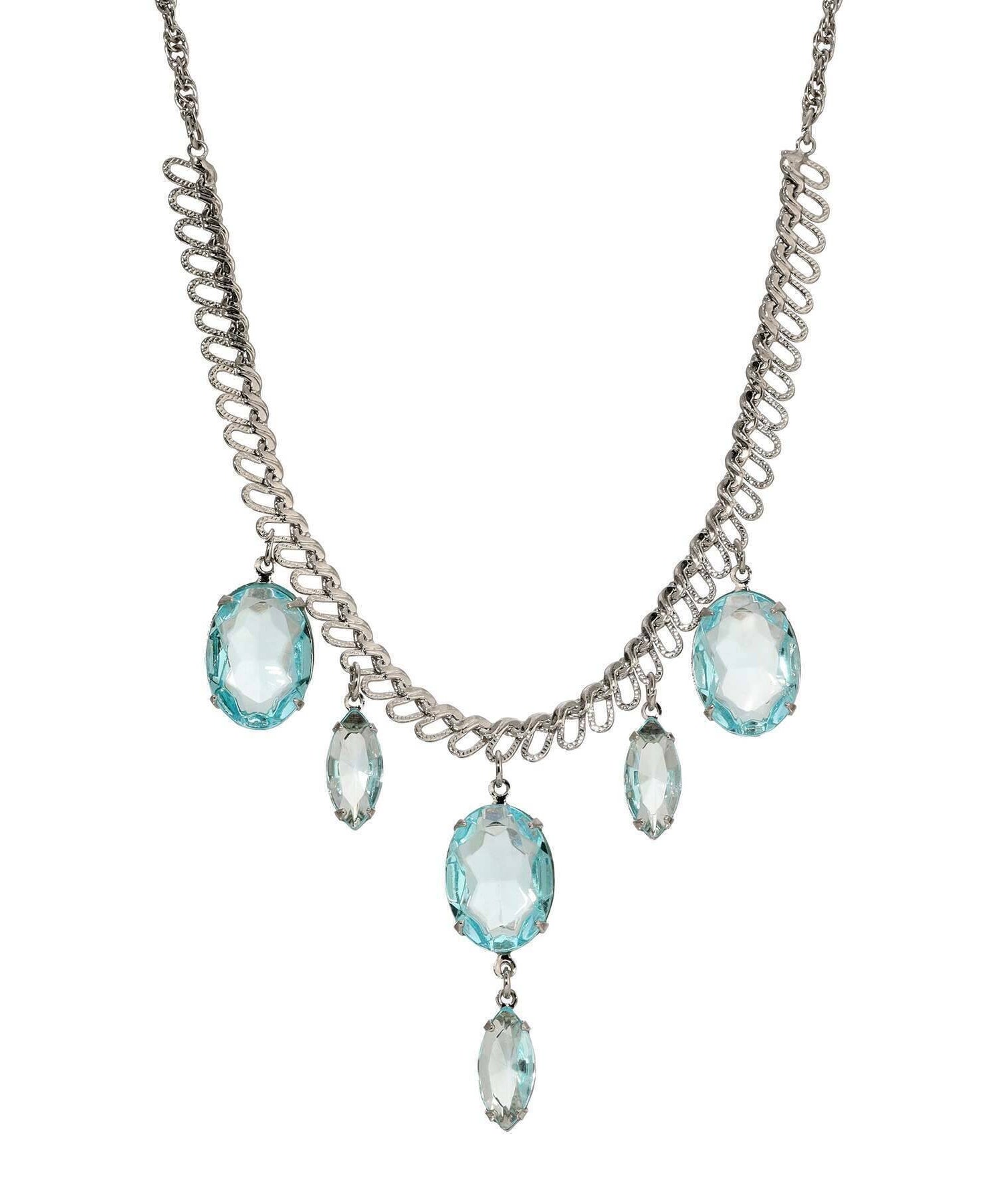 1928 Jewelry Atlantis Aqua Blue Oval Glass Crystal Drop Necklace 16" + 3" Extension