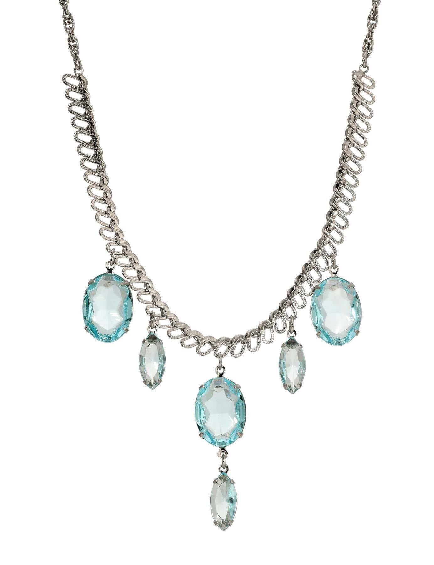 1928 Jewelry Atlantis Aqua Blue Oval Glass Crystal Drop Necklace 16" + 3" Extension