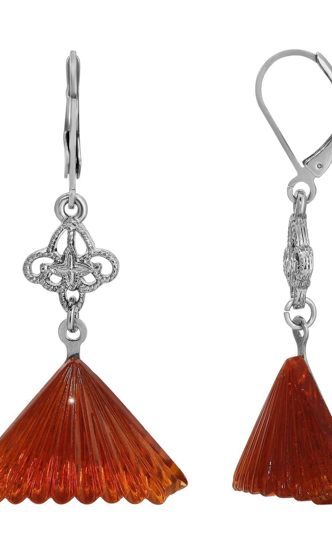 1928 Jewelry Filigree & Fluted Topaz Glass Dangling Earrings