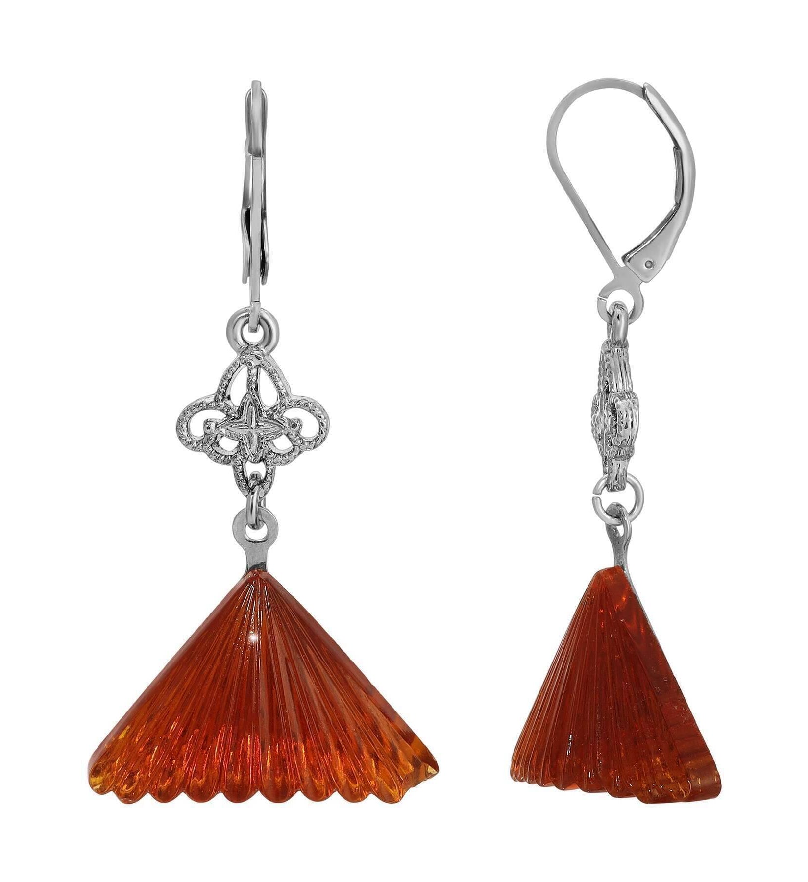 1928 Jewelry Filigree & Fluted Topaz Glass Dangling Earrings