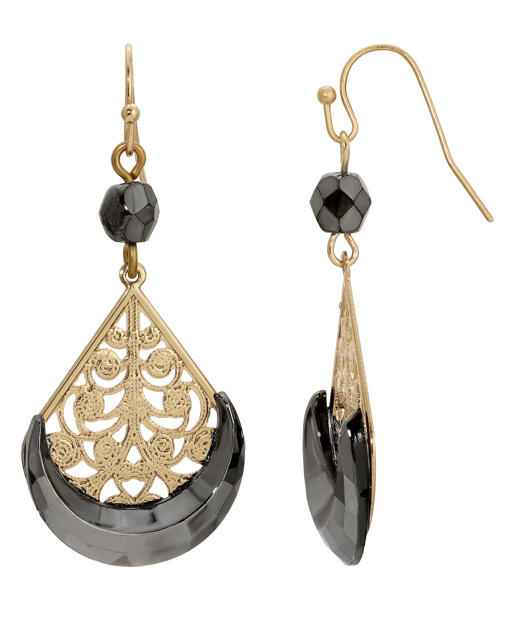 1928 Jewelry Filigree & Hematite Half Moon Teardrop Dangling Earrings