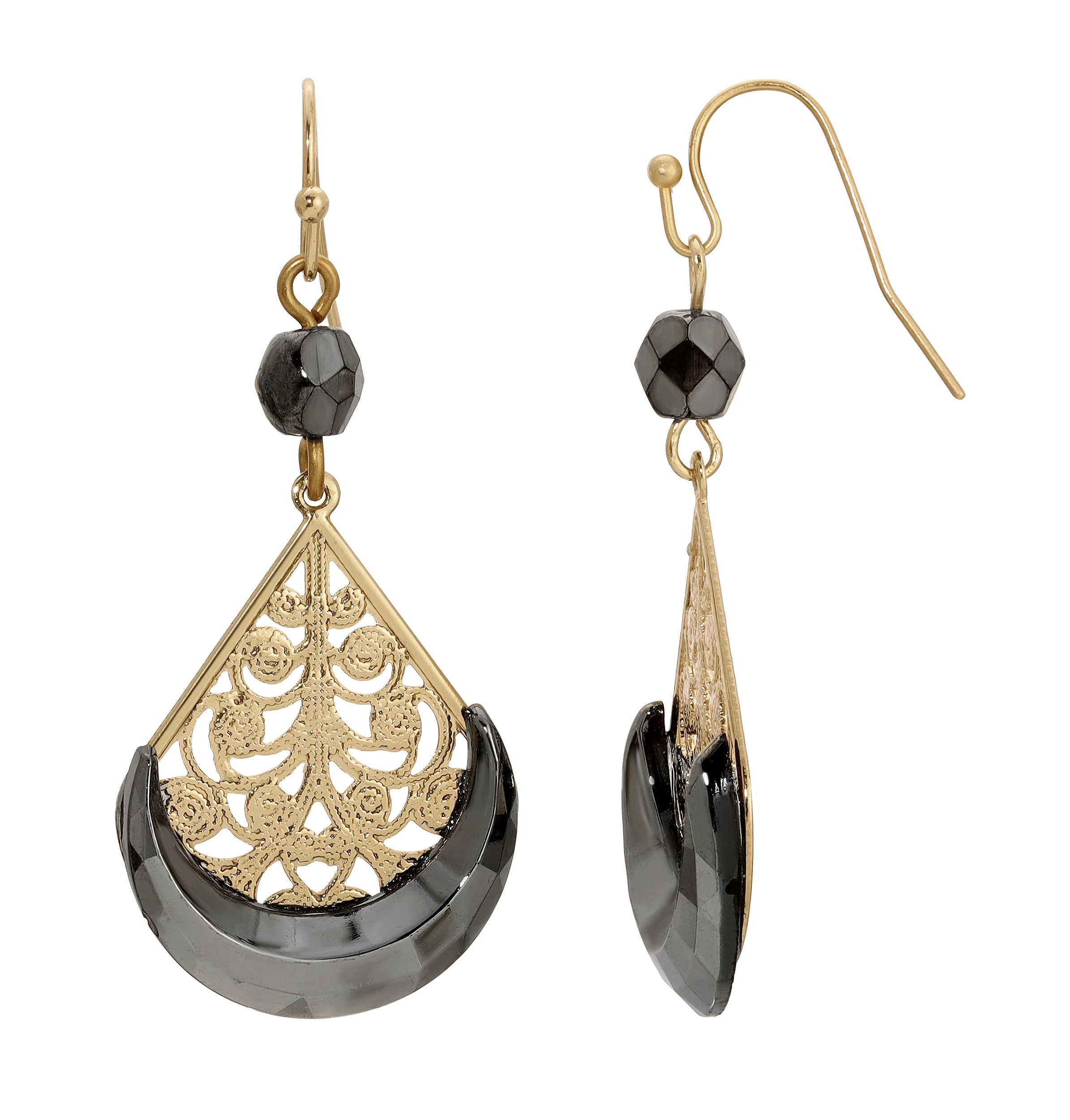 1928 Jewelry Filigree & Hematite Half Moon Teardrop Dangling Earrings