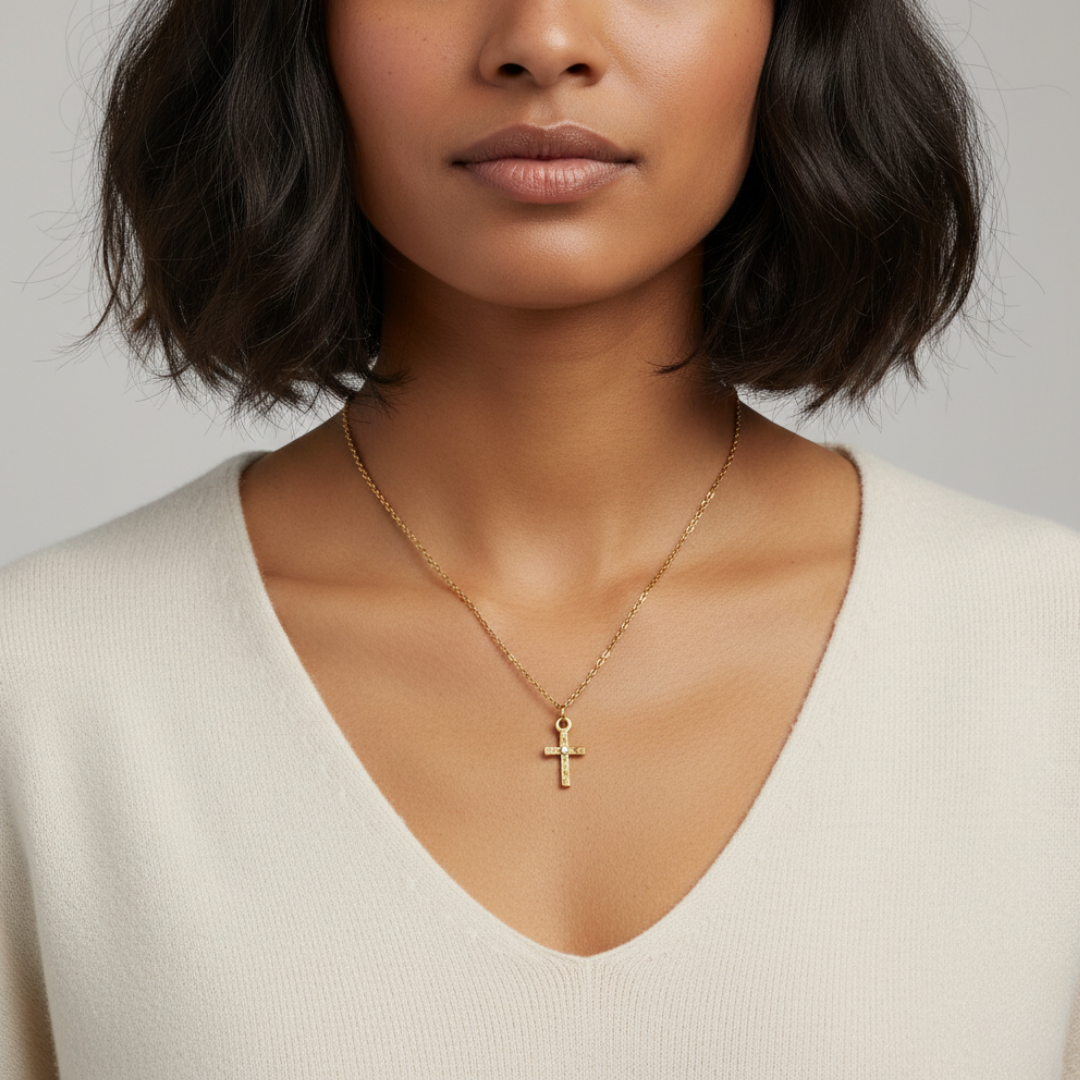 Woman wearing a gold necklace with a cross pendant against a neutral background