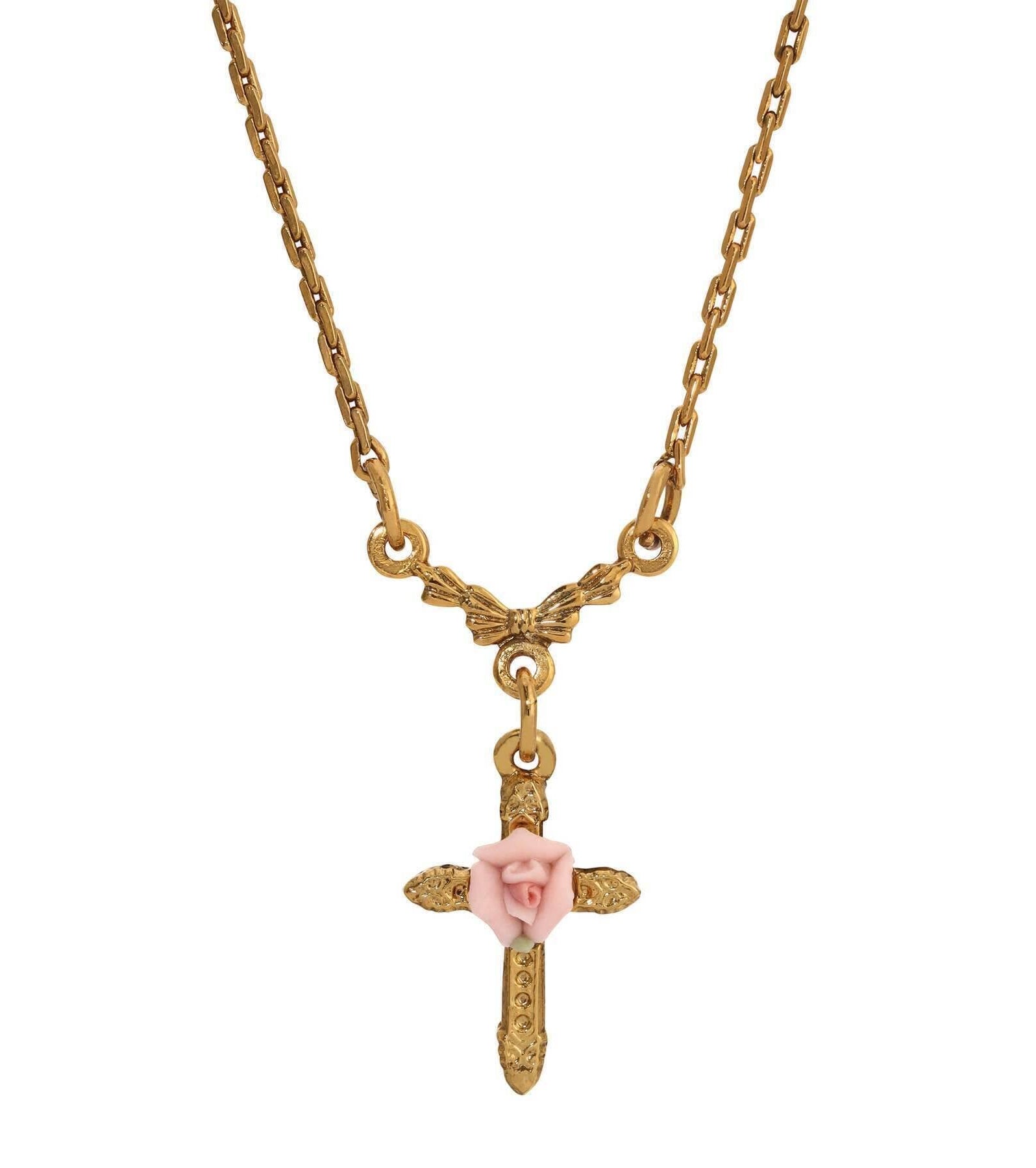 1928 Jewelry Pink Porcelain Rose Cross Pendant Necklace 16" + 3" Extension