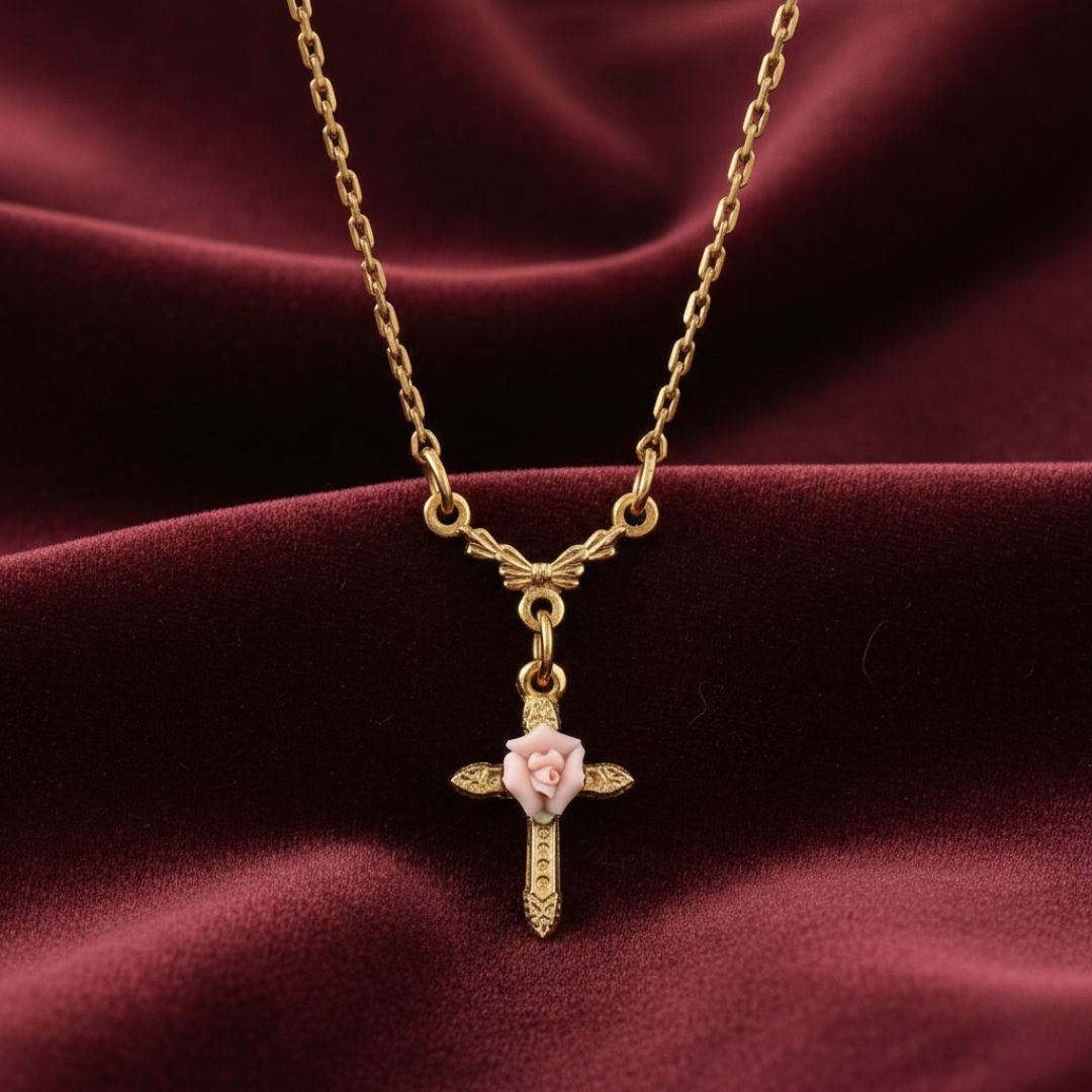 Gold necklace with a cross pendant featuring a porcelain rose on a maroon fabric background