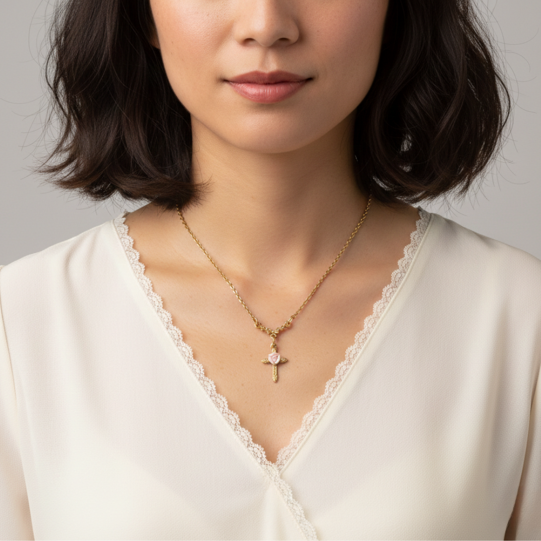 Woman wearing a gold necklace with a porcelain rose cross pendant on a neutral background