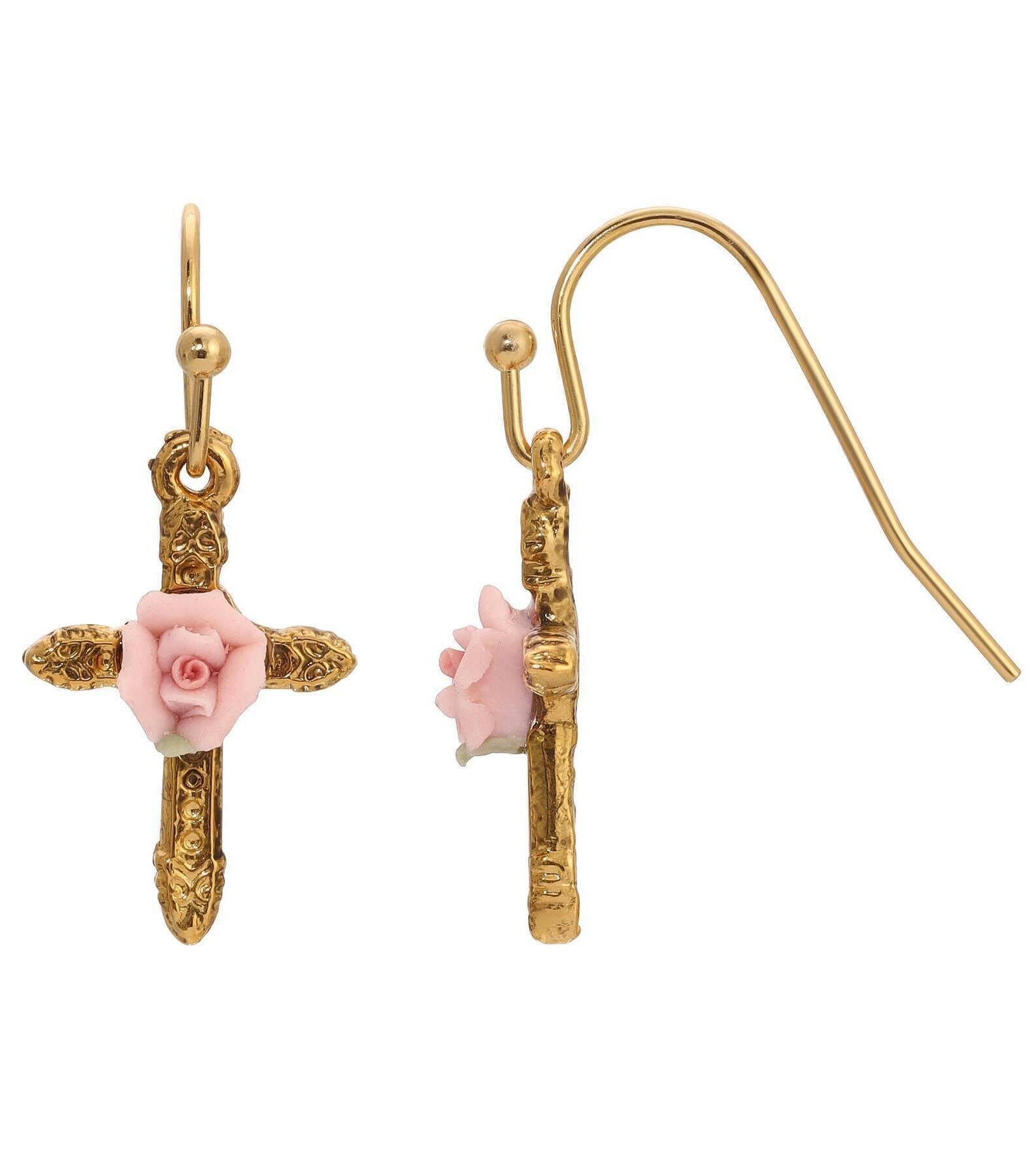 1928 Jewelry Cross & Pink Porcelain Rose Drop Earrings