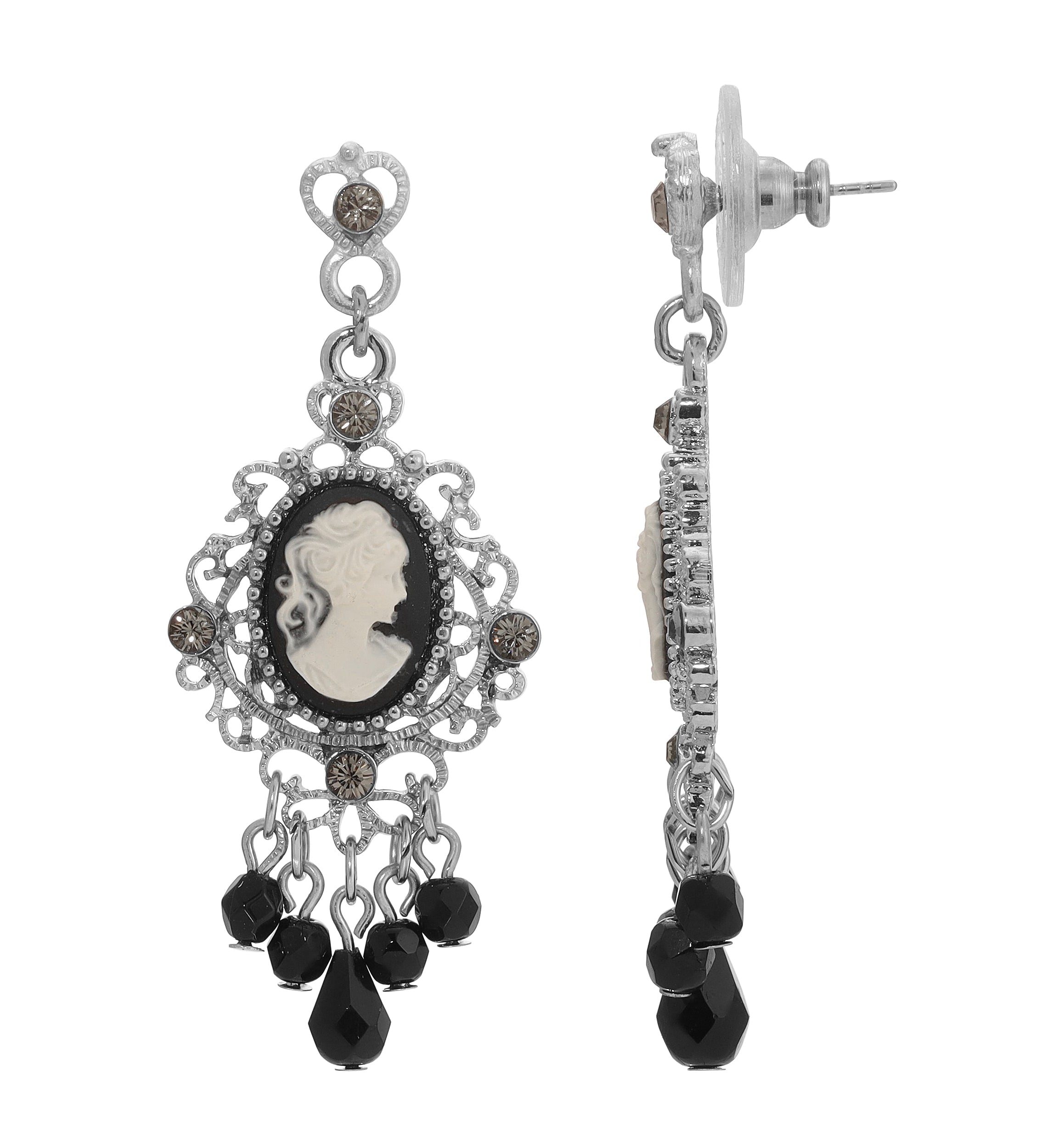 1928 Jewelry Black Cameo Crystal Beaded Post Drop Chandelier Earrings