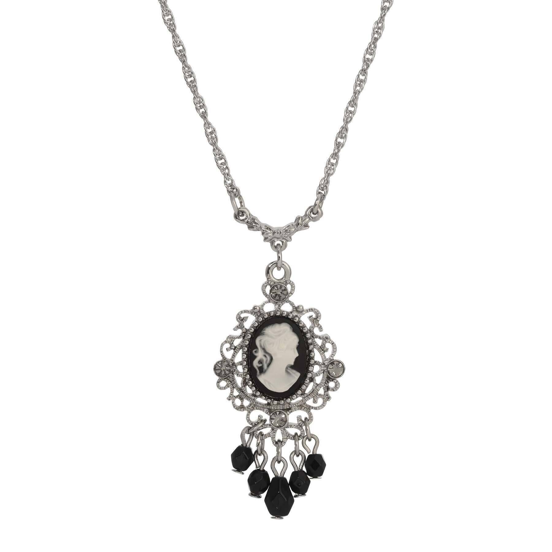 1928 Jewelry Black Diamond Crystal Cameo Drop Necklace 16" + 3" Extension
