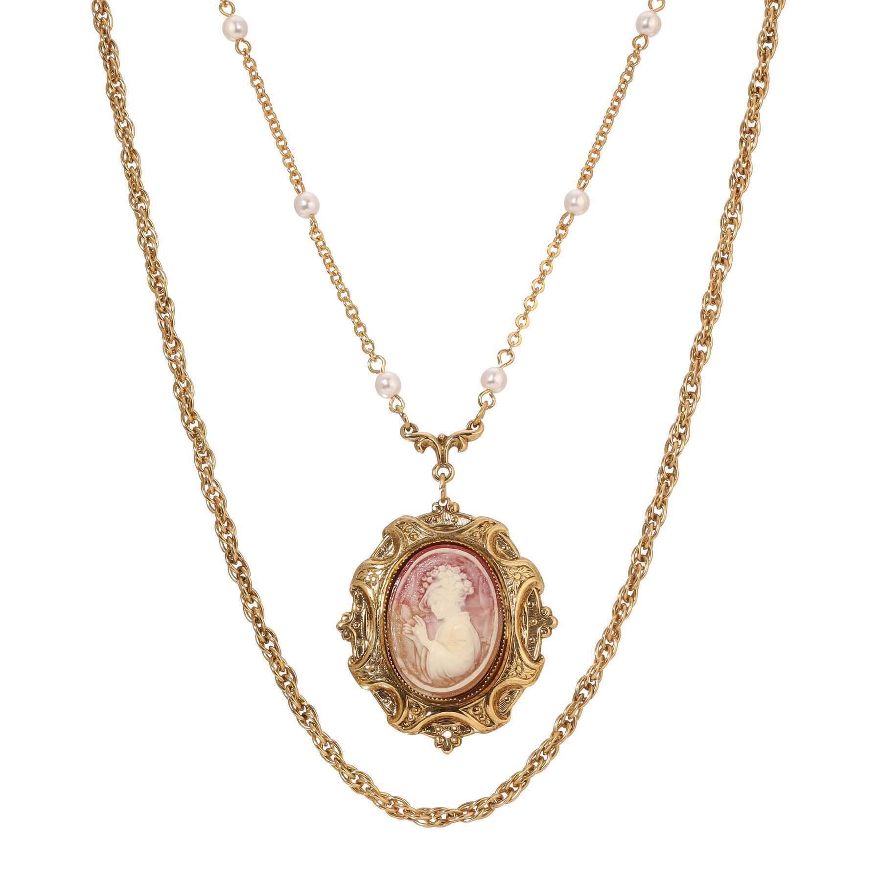 1928 Jewelry Victorian Reflections Carnelian & Ivory Cameo Pendant & Link Chain Necklace 24"