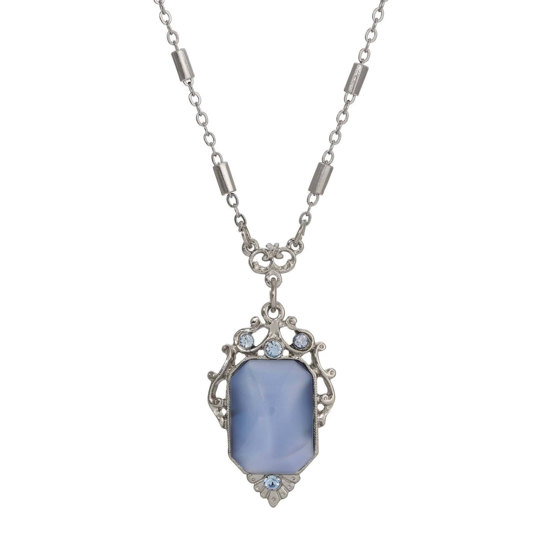 1928 Jewelry Jazzy Filigree Blue Octagon Moonstone & Crystal Pendant Necklace 16" + 3" Extension