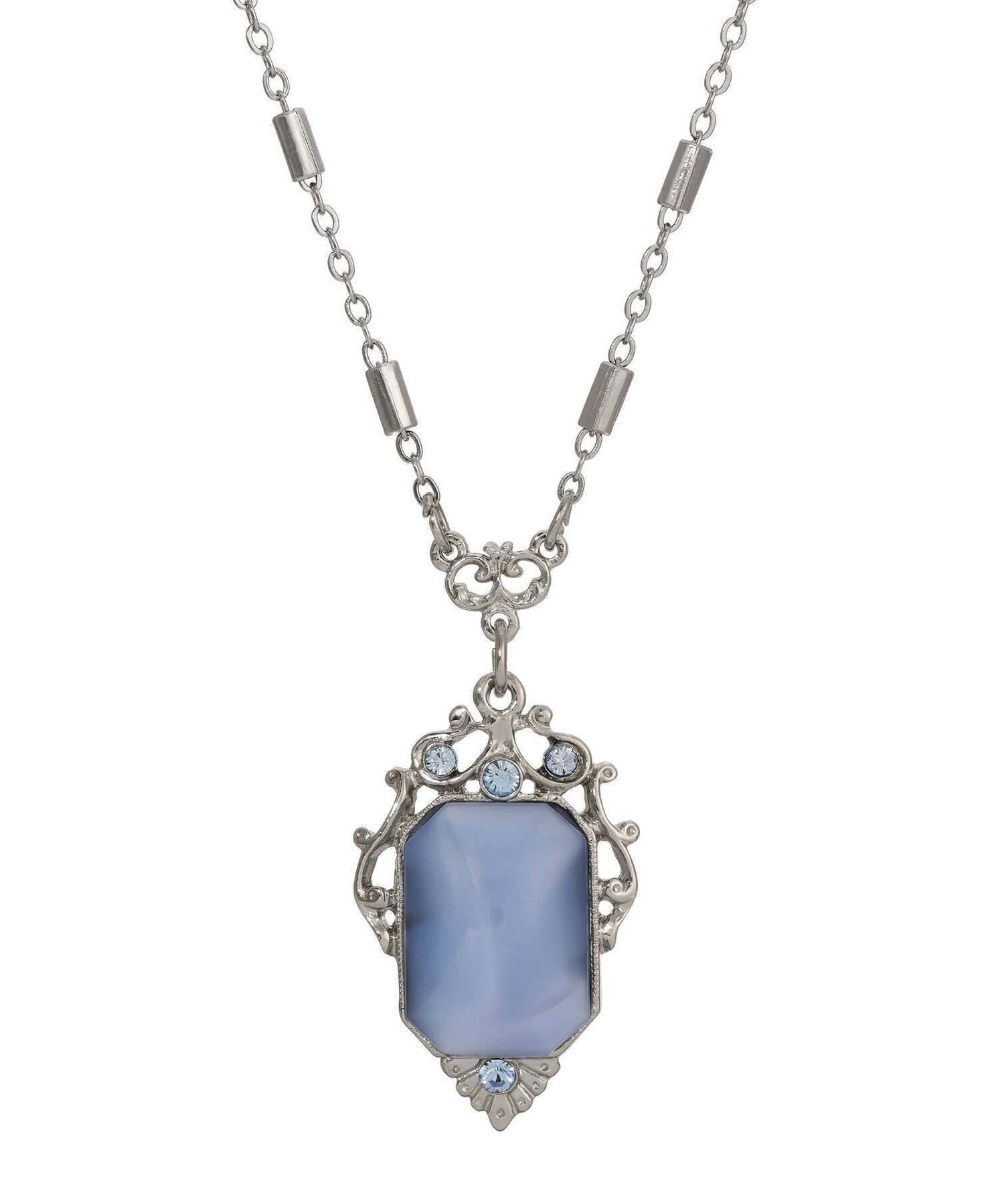 1928 Jewelry Jazzy Filigree Blue Octagon Moonstone & Crystal Pendant Necklace 16" + 3" Extension