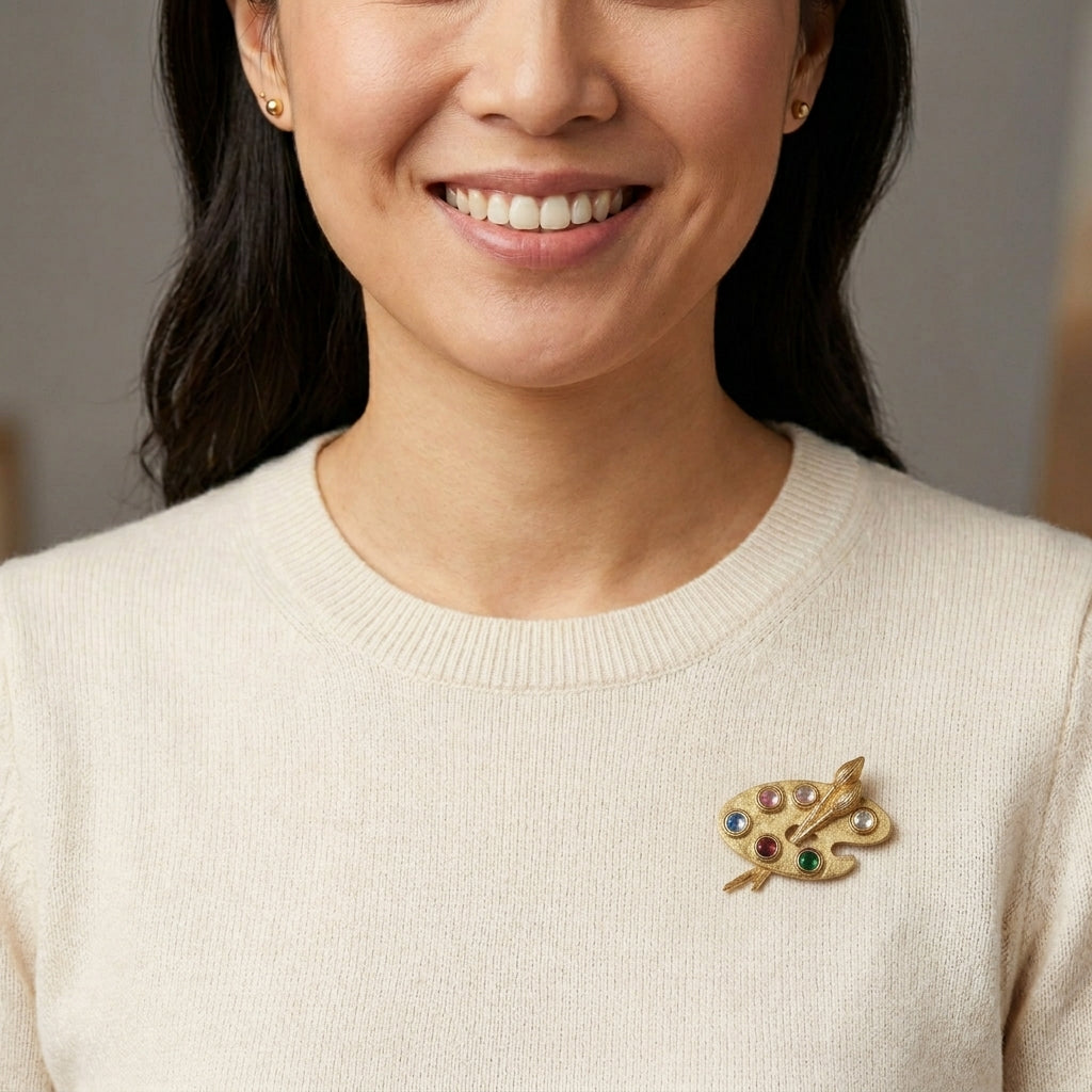 Woman wearing a cream sweater with a Da Vinci's Brush & Paint Palette Brooch