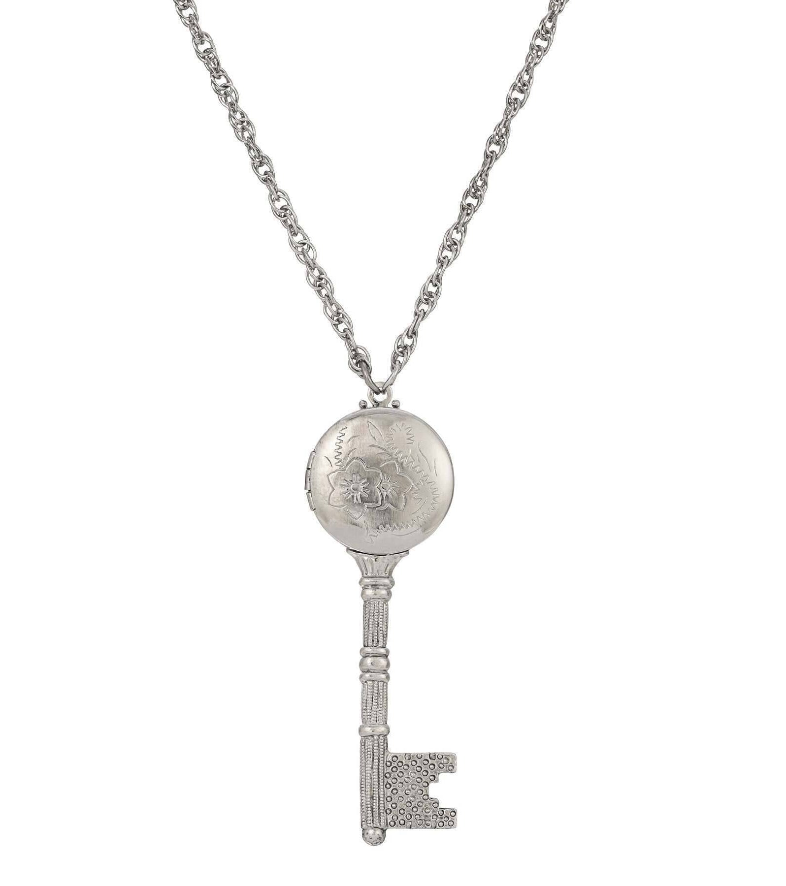 1928 Jewelry Skeleton Key Flower Pendant Photo Locket Necklace 28"