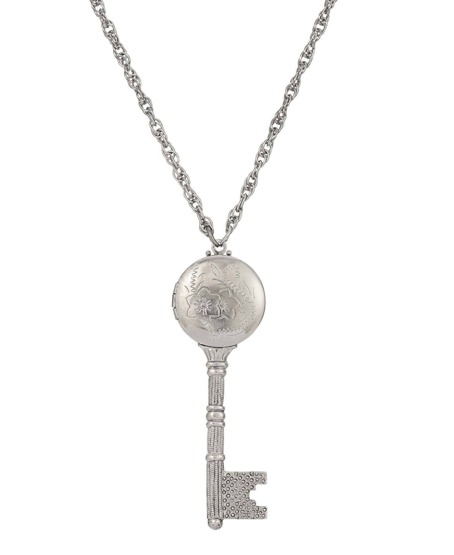 1928 Jewelry Skeleton Key Flower Pendant Photo Locket Necklace 28"