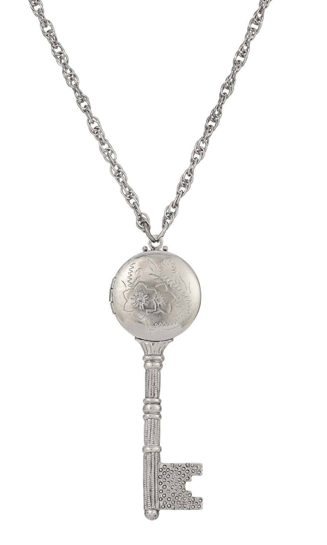 1928 Jewelry Skeleton Key Flower Pendant Photo Locket Necklace 28"