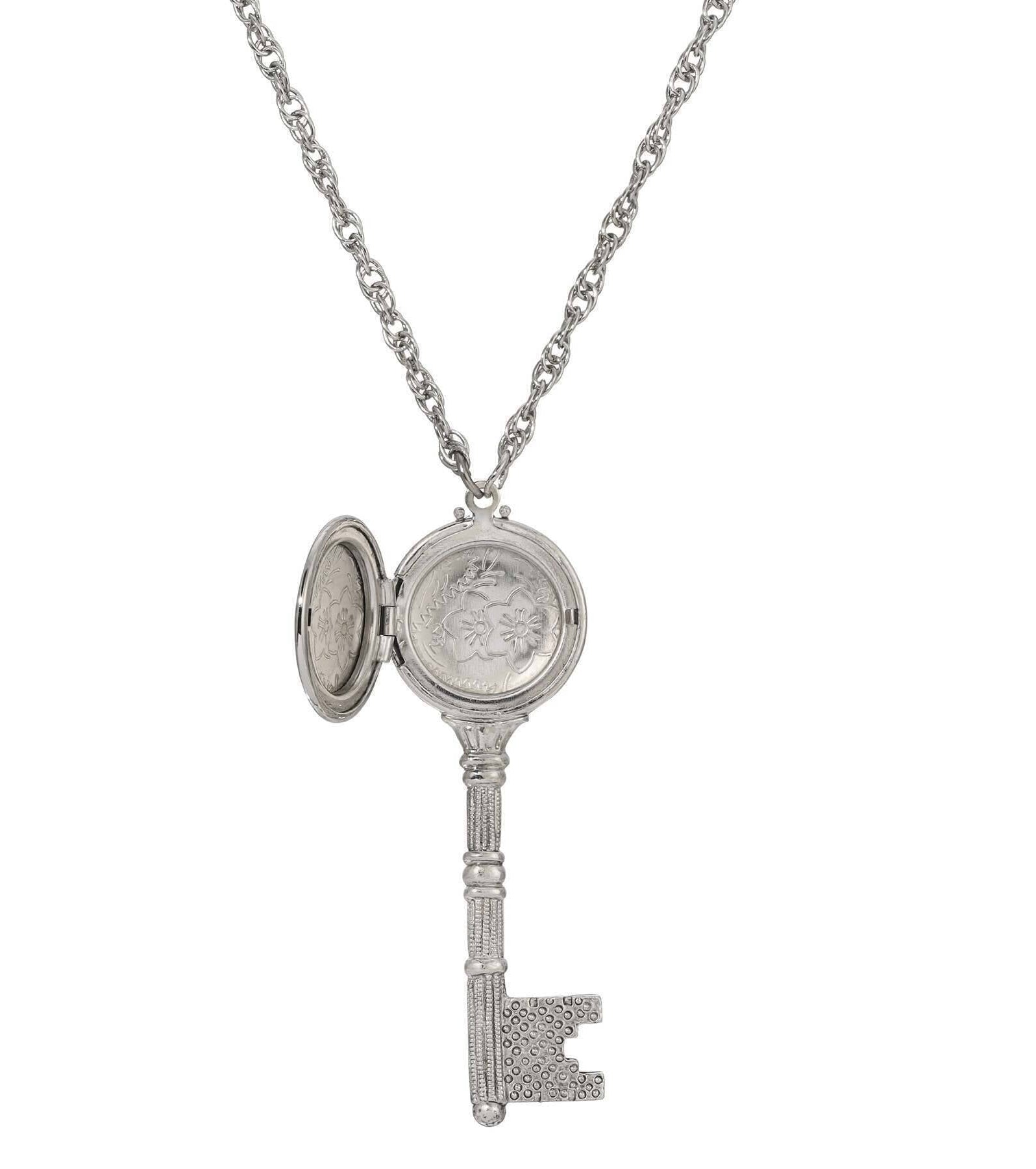 1928 Jewelry Skeleton Key Flower Pendant Photo Locket Necklace 28"