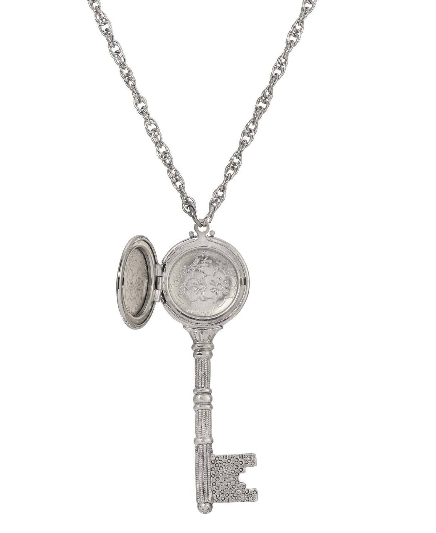 1928 Jewelry Skeleton Key Flower Pendant Photo Locket Necklace 28"