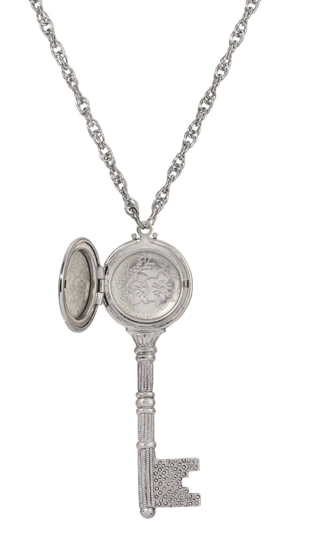 1928 Jewelry Skeleton Key Flower Pendant Photo Locket Necklace 28"
