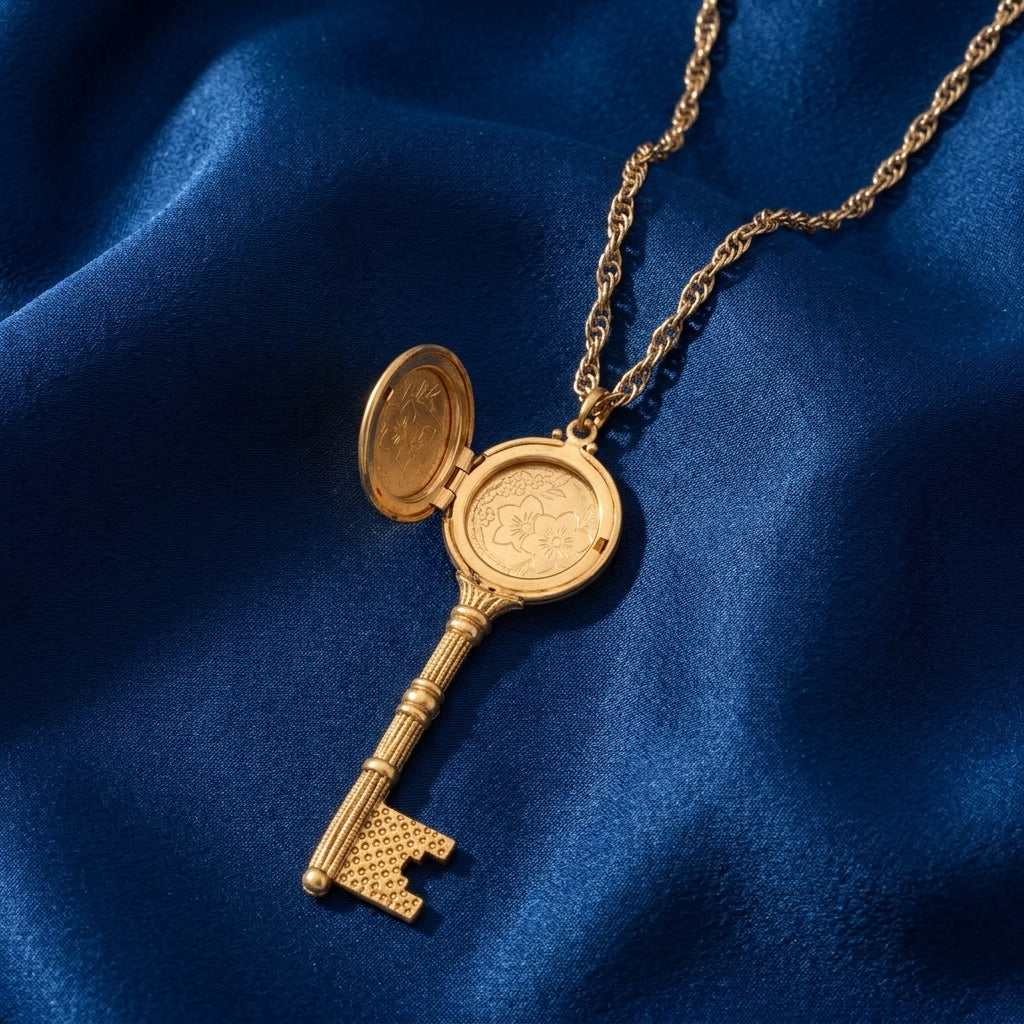 Opened gold tone Skeleton Key Flower Pendant Photo Locket Necklace on blue fabric
